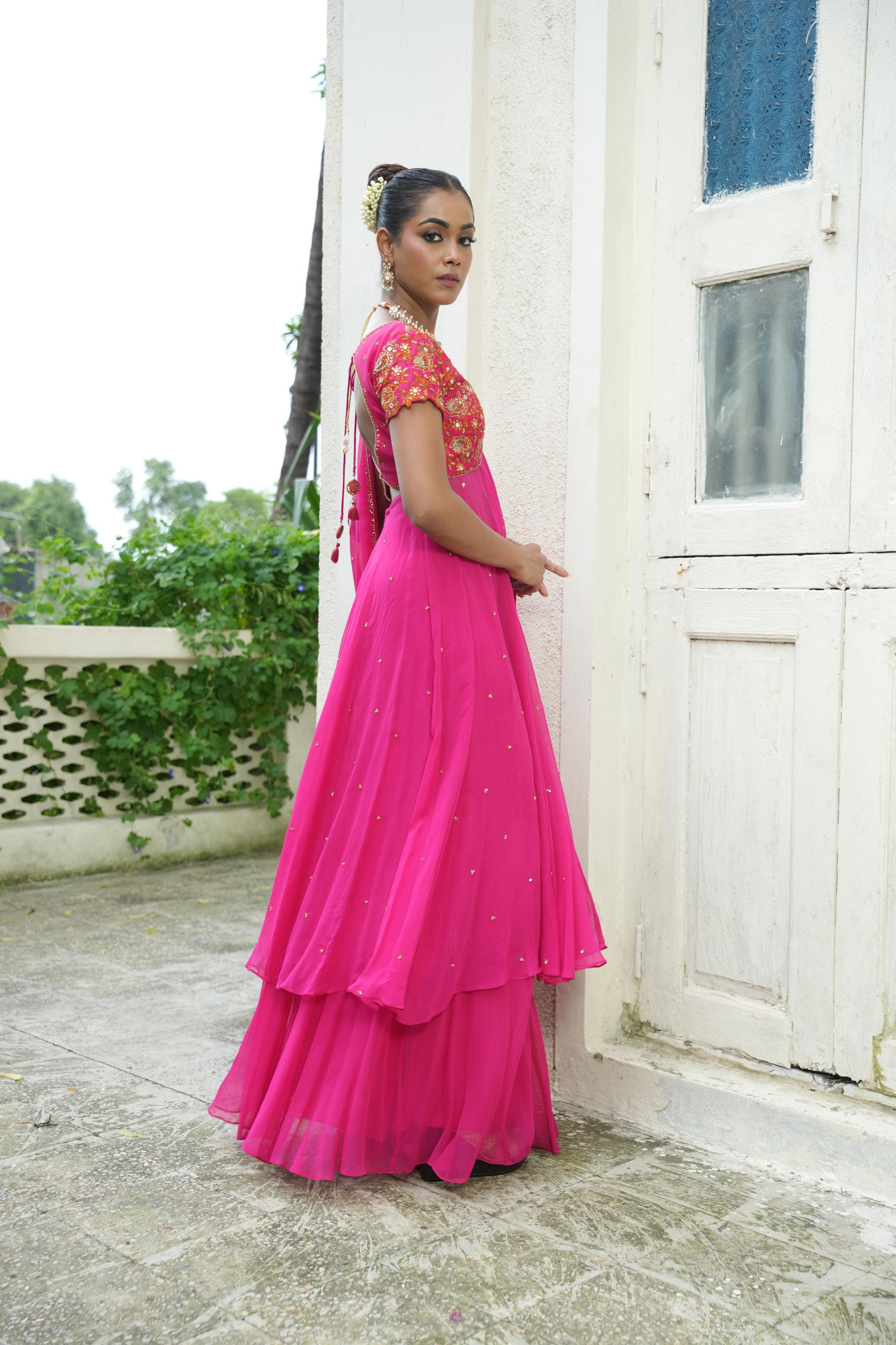 Gulabi Pink (Resham Detail) Anarkali With Sharara Set