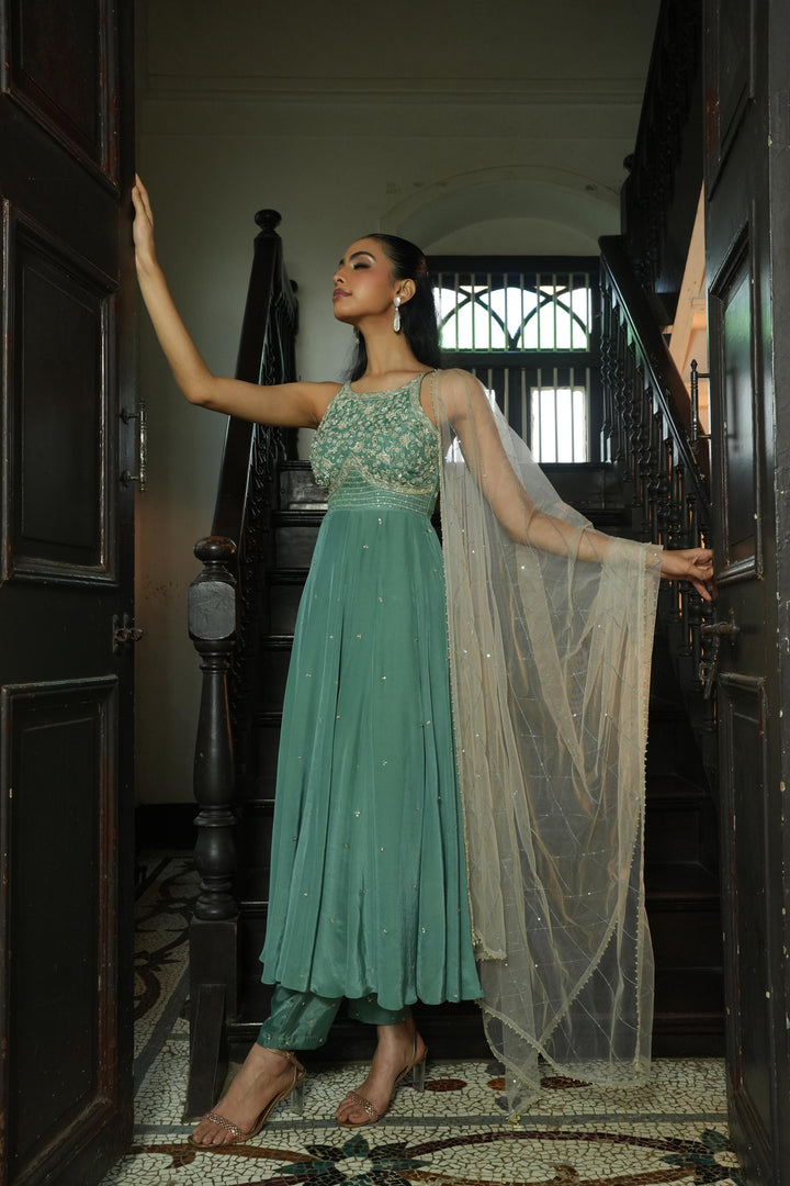 Sage Green (Strap InCut) Anarkali with Pants And Off White Duppata