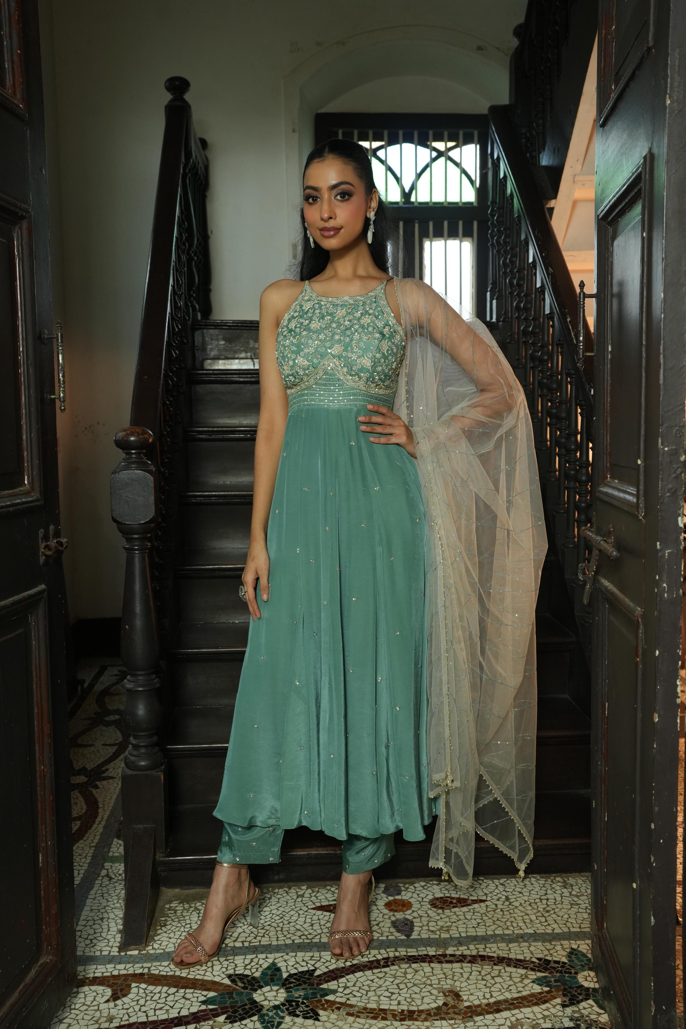 Sage Green (Strap InCut) Anarkali with Pants And Off White Duppata