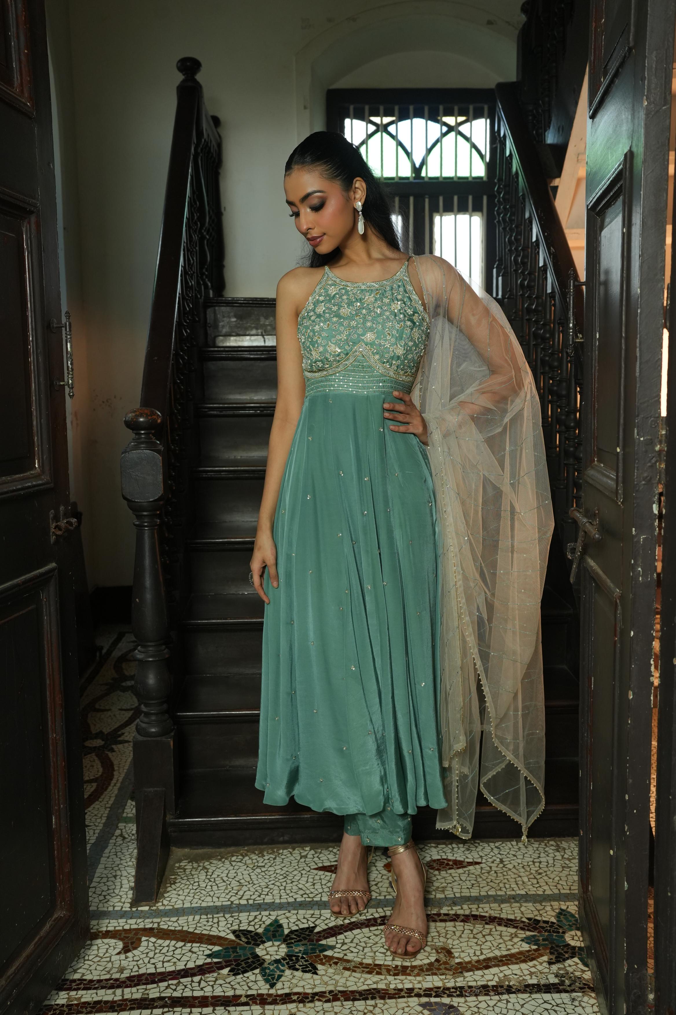 Sage Green (Strap InCut) Anarkali with Pants And Off White Duppata