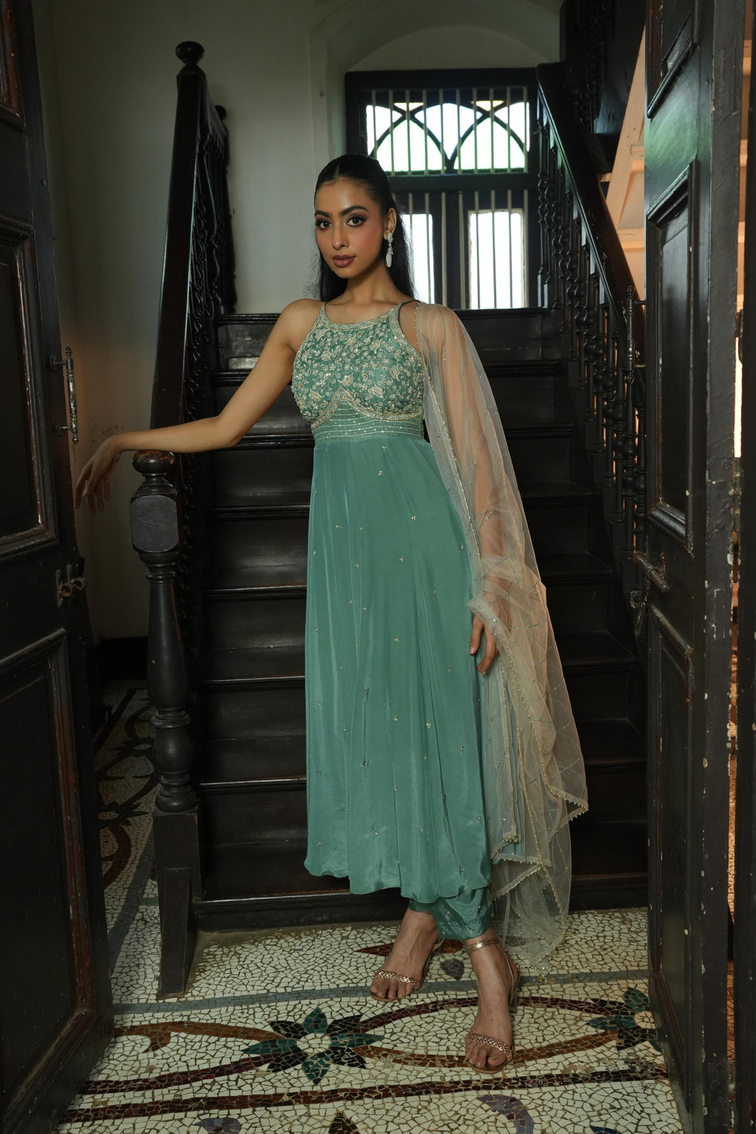 Sage Green (Strap InCut) Anarkali with Pants And Off White Duppata