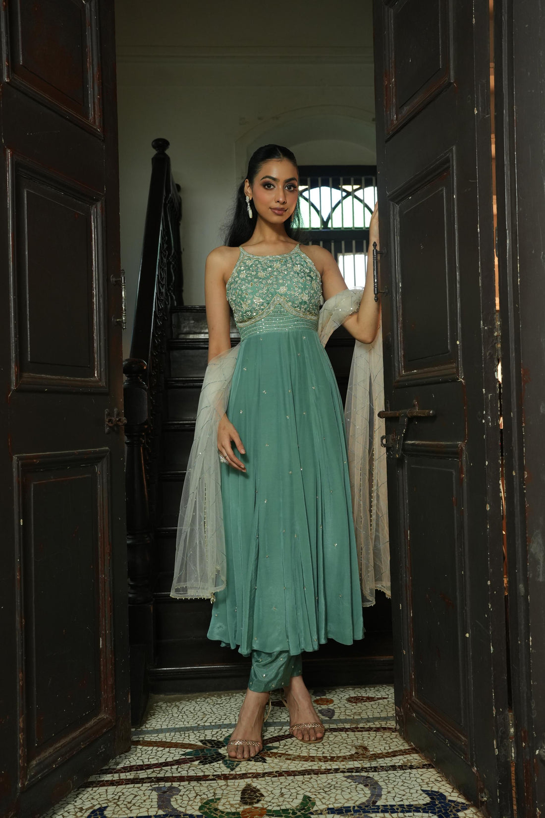 Sage Green (Strap InCut) Anarkali with Pants And Off White Duppata