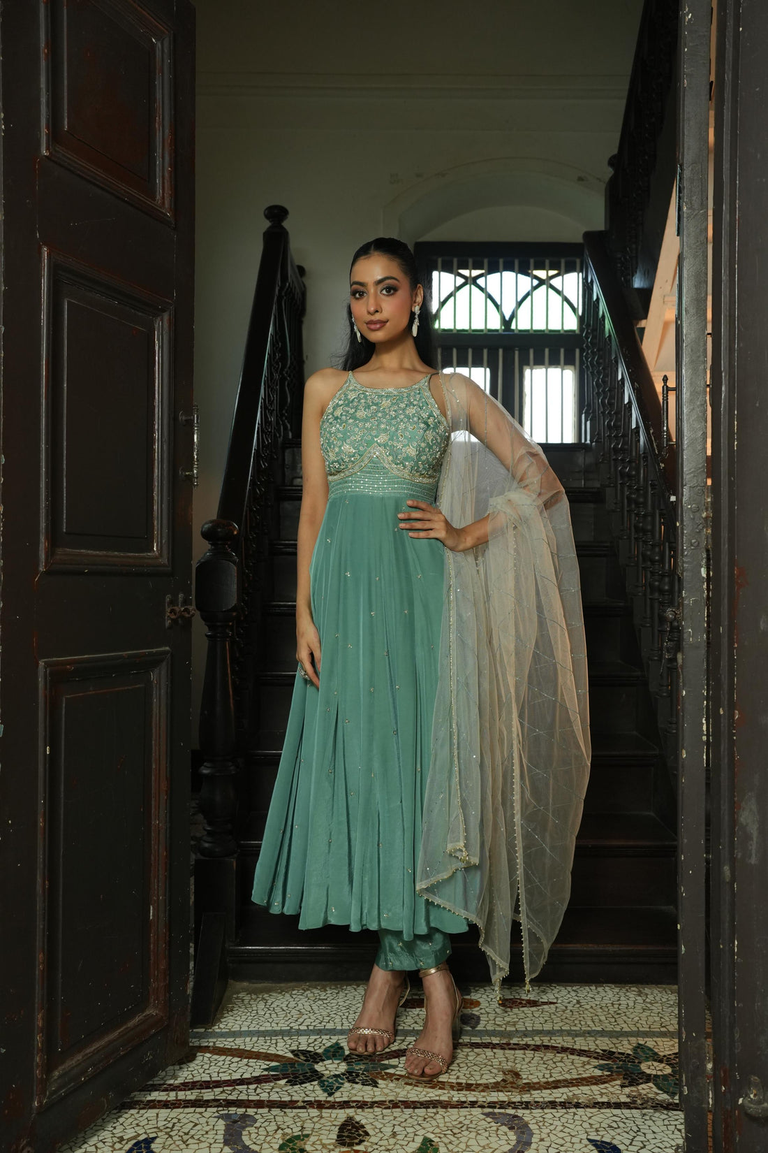 Sage Green (Strap InCut) Anarkali with Pants And Off White Duppata