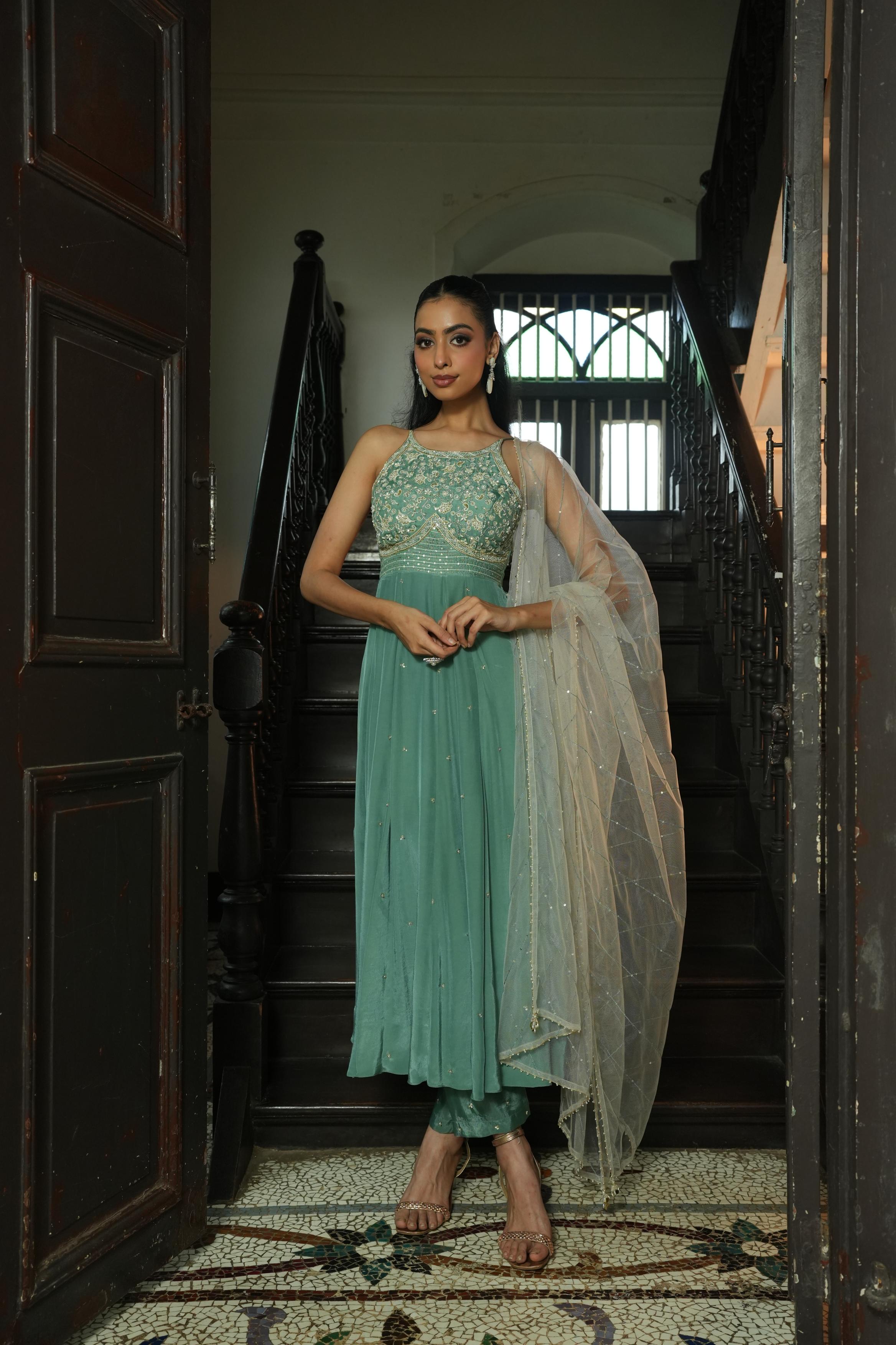 Sage Green (Strap InCut) Anarkali with Pants And Off White Duppata