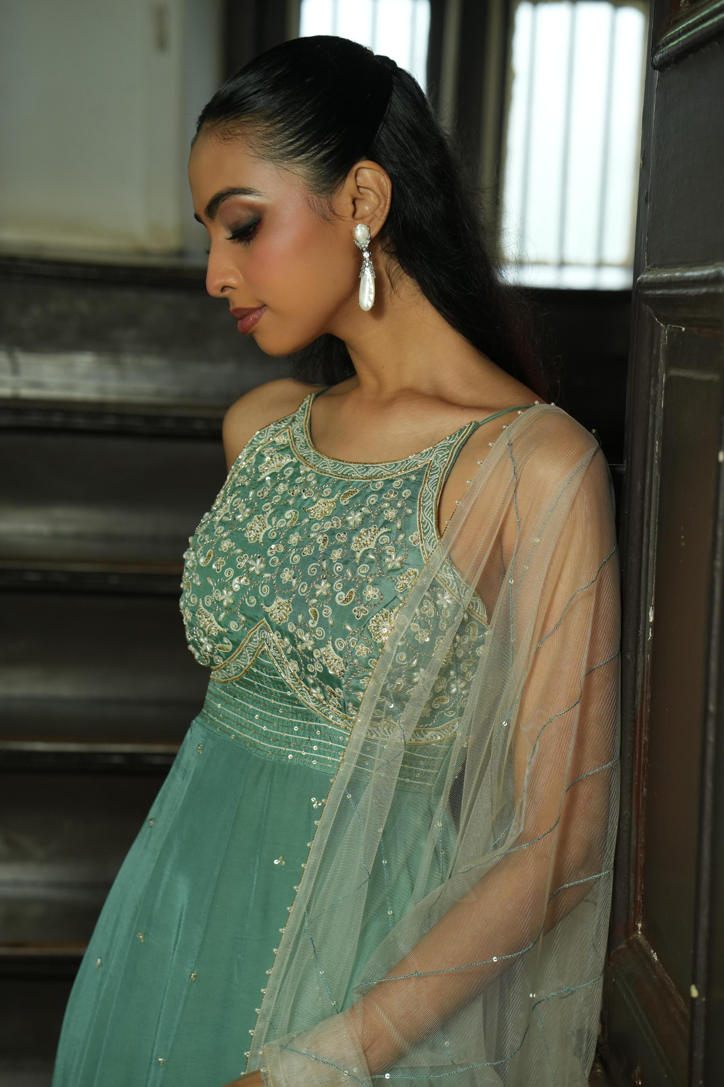 Sage Green (Strap InCut) Anarkali with Pants And Off White Duppata
