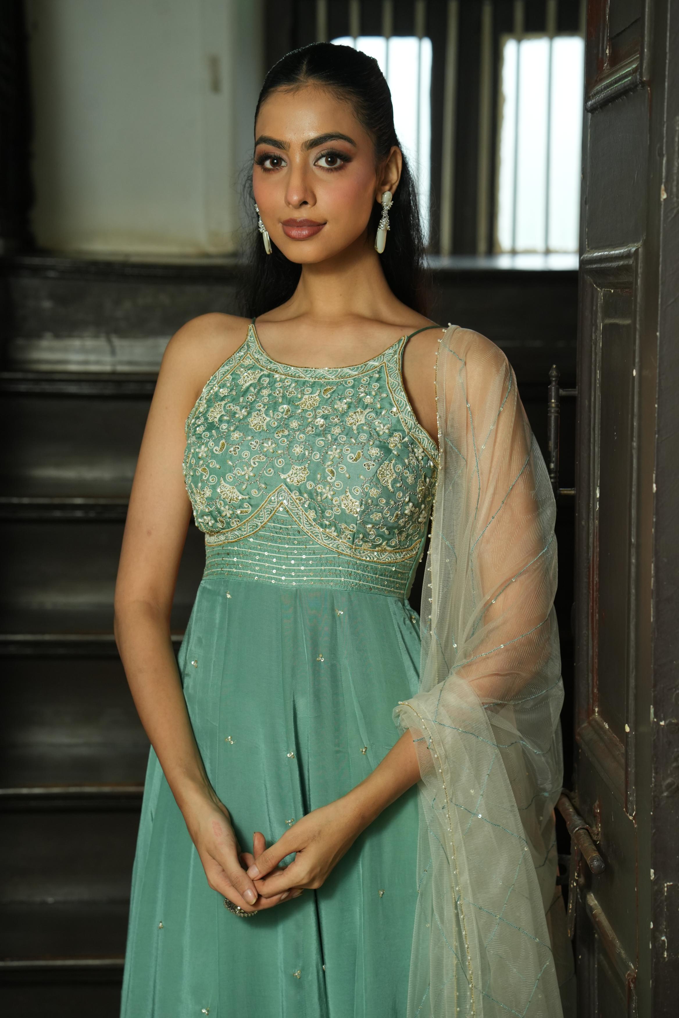 Sage Green (Strap InCut) Anarkali with Pants And Off White Duppata