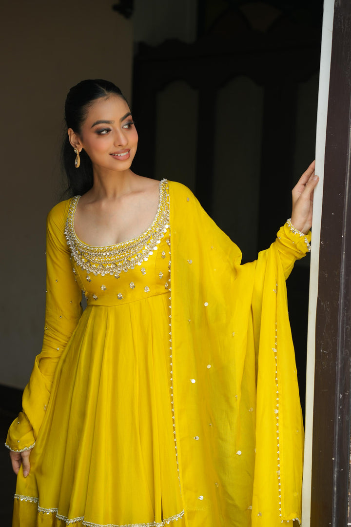 Lime Yellow Anarkali With Pants