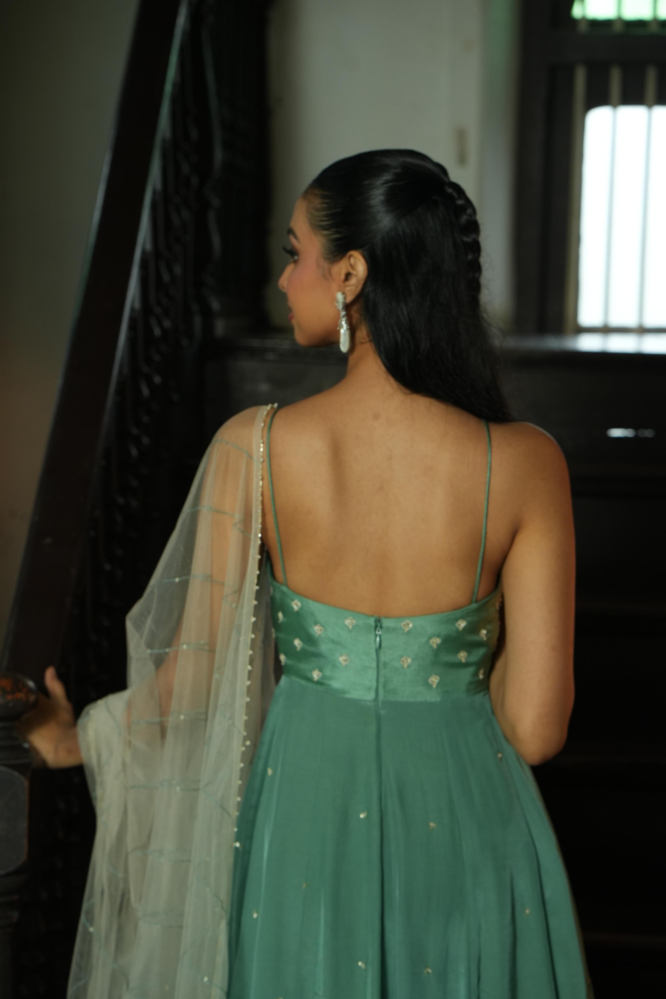 Sage Green (Strap InCut) Anarkali with Pants And Off White Duppata