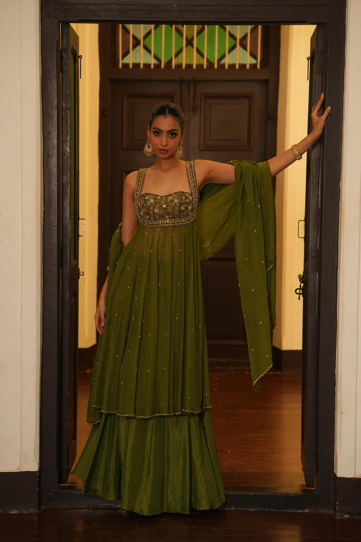 Mint Mehendi Green Anarkali With Sharara Set