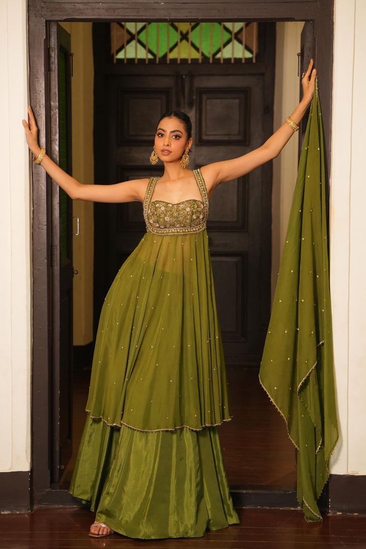 Mint Mehendi Green Anarkali With Sharara Set