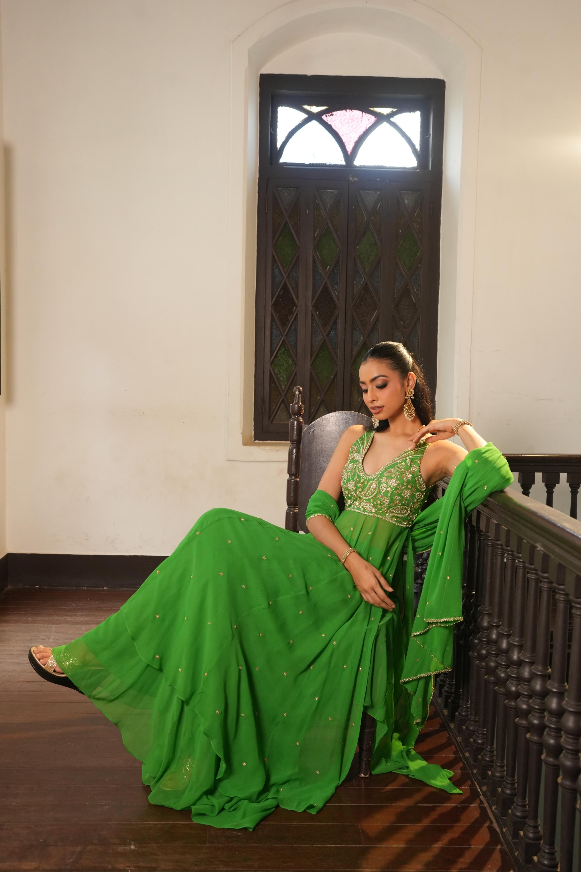 Parrot Green (InCut) Anarkali With Sharara