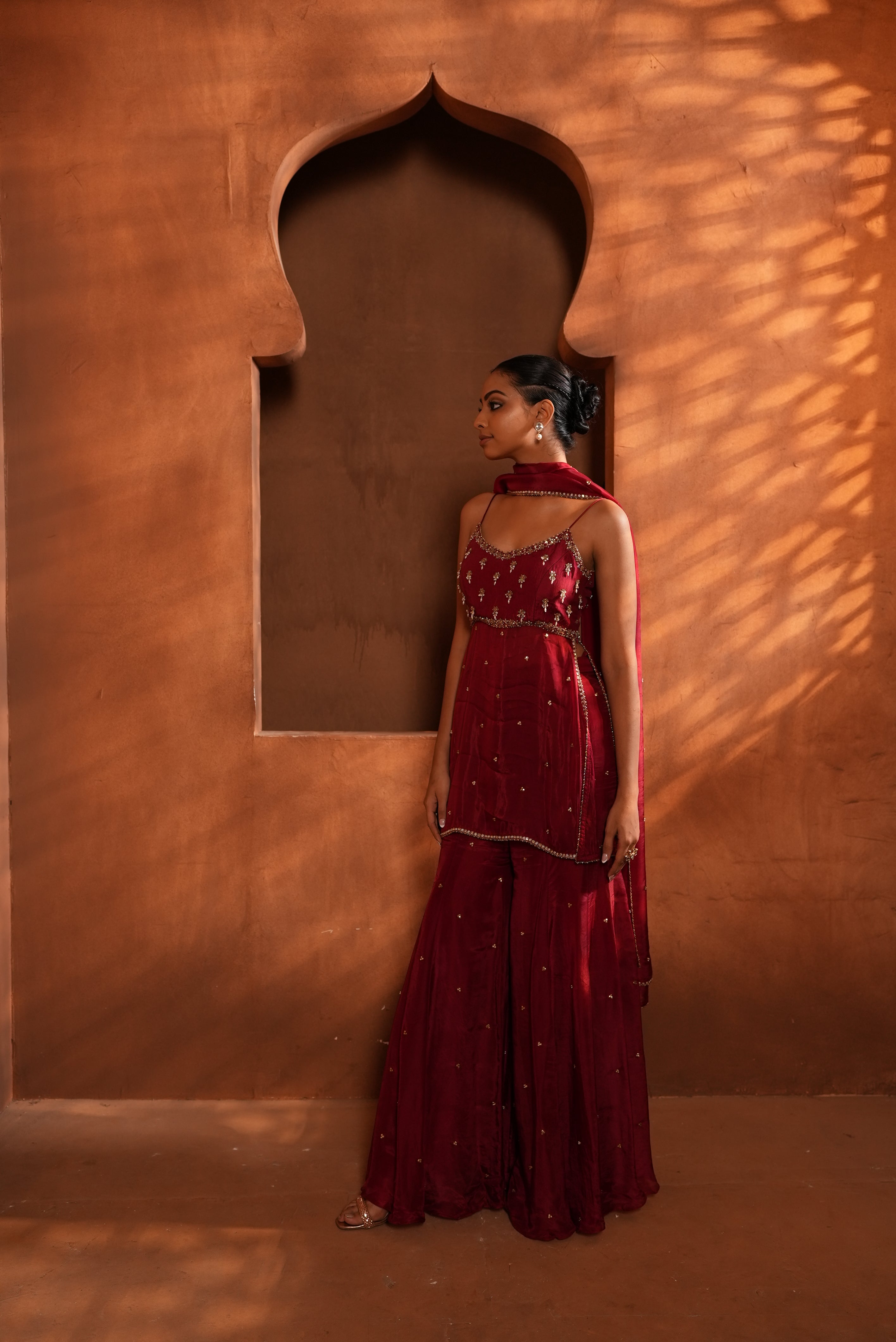 Deep Red (Strap) Top Tunic With Flair Bell Bottom Aand Duppata