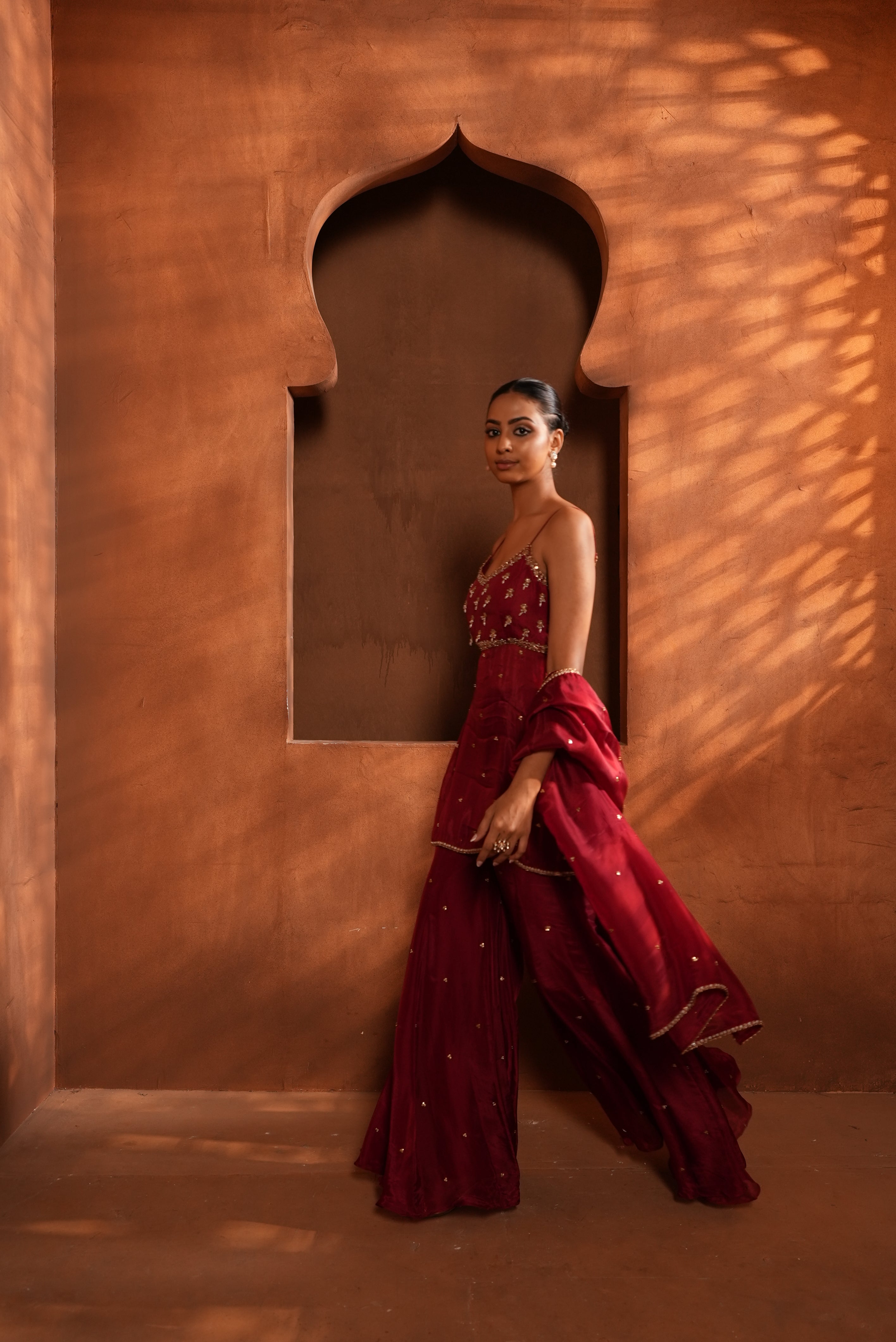 Deep Red (Strap) Top Tunic With Flair Bell Bottom Aand Duppata