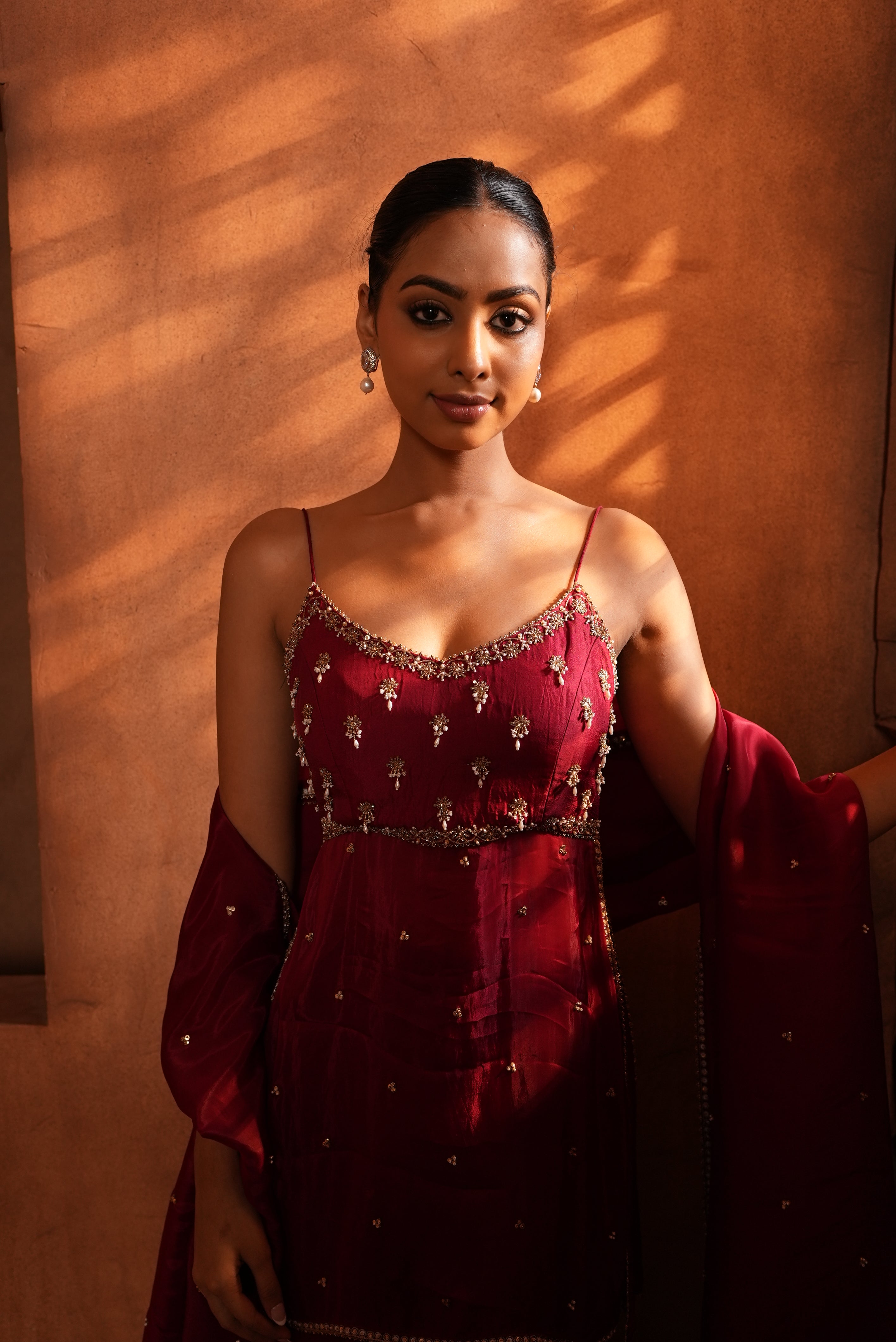 Deep Red (Strap) Top Tunic With Flair Bell Bottom Aand Duppata