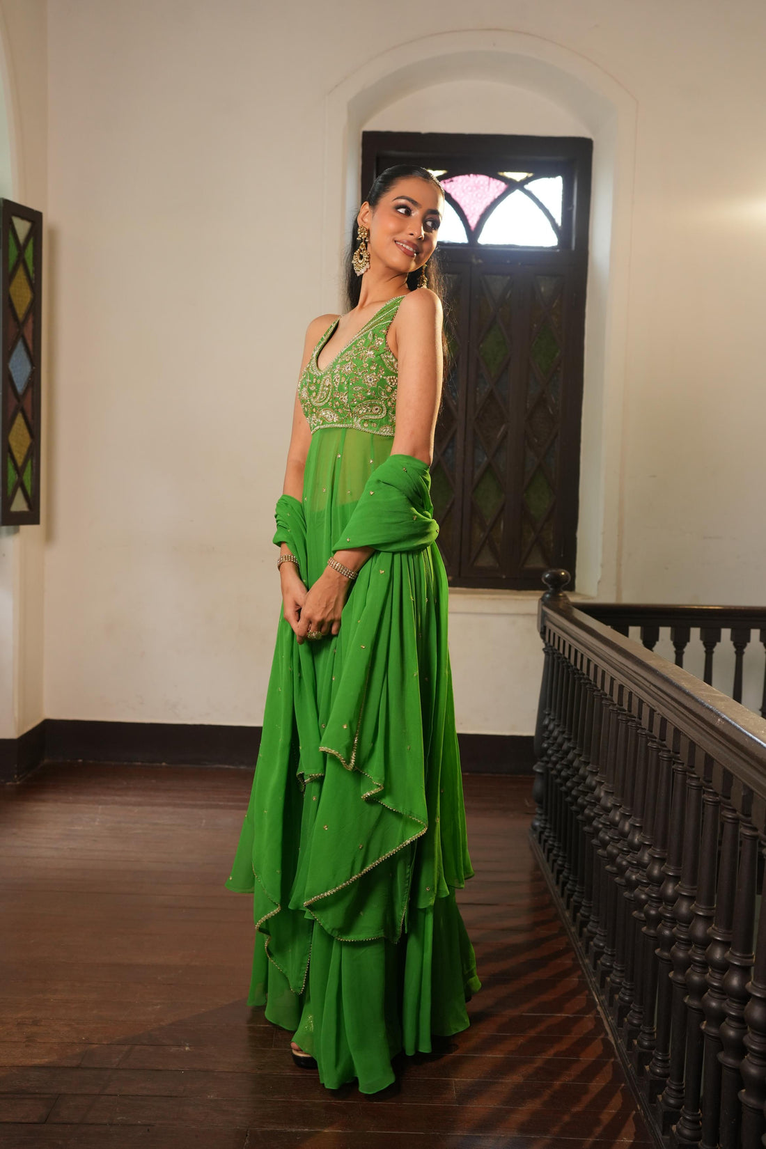 Parrot Green (InCut) Anarkali With Sharara