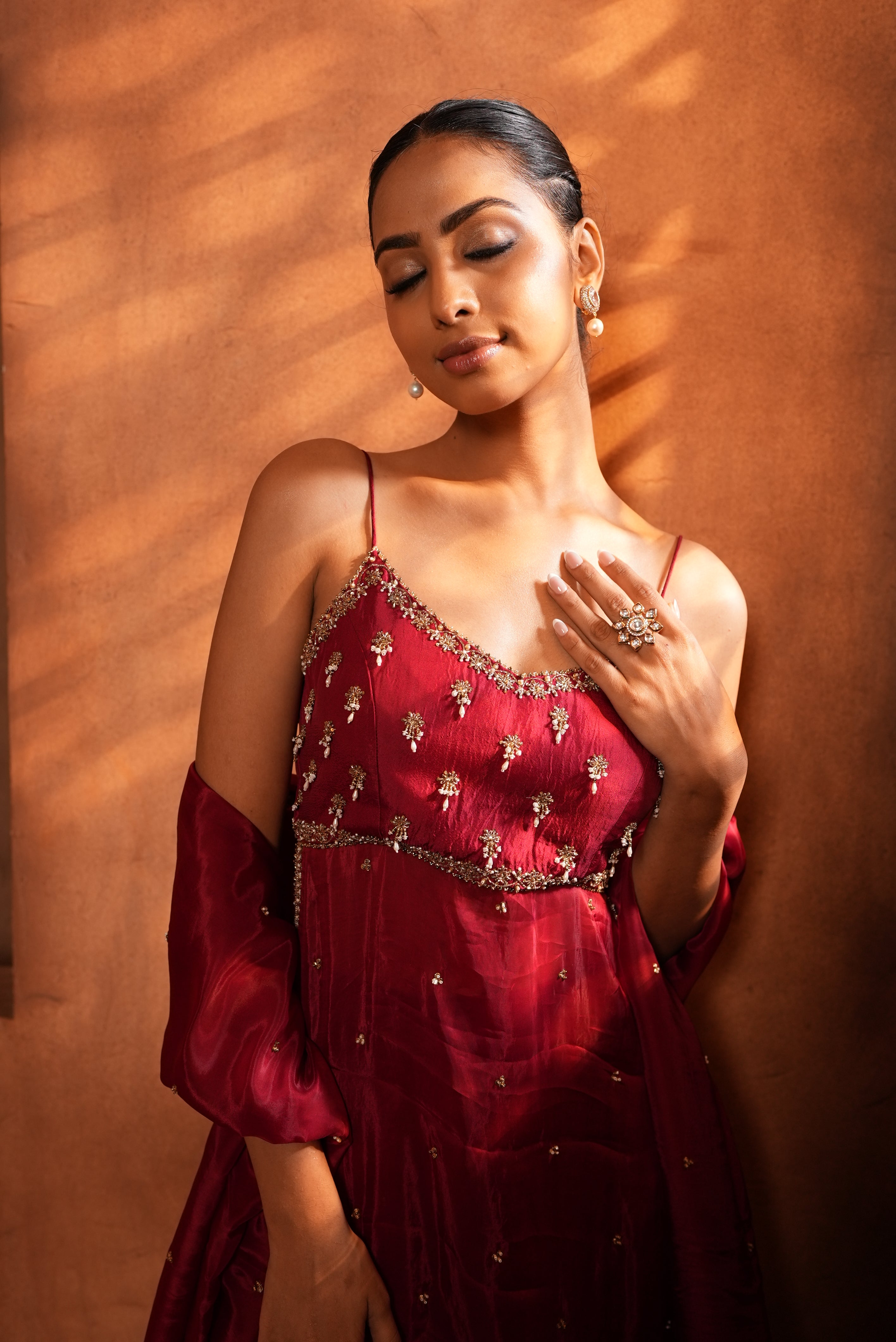 Deep Red (Strap) Top Tunic With Flair Bell Bottom Aand Duppata