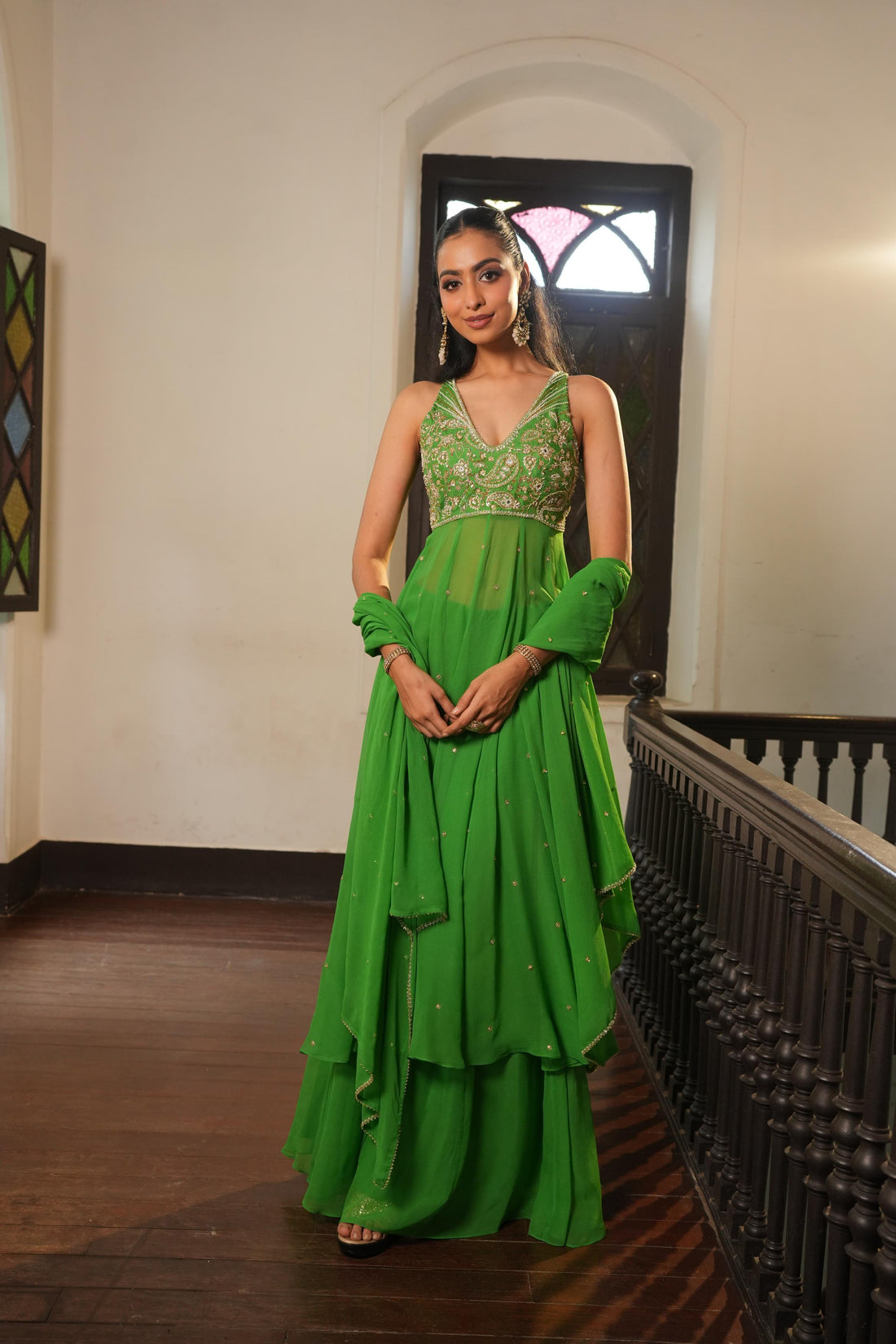 Parrot Green (InCut) Anarkali With Sharara