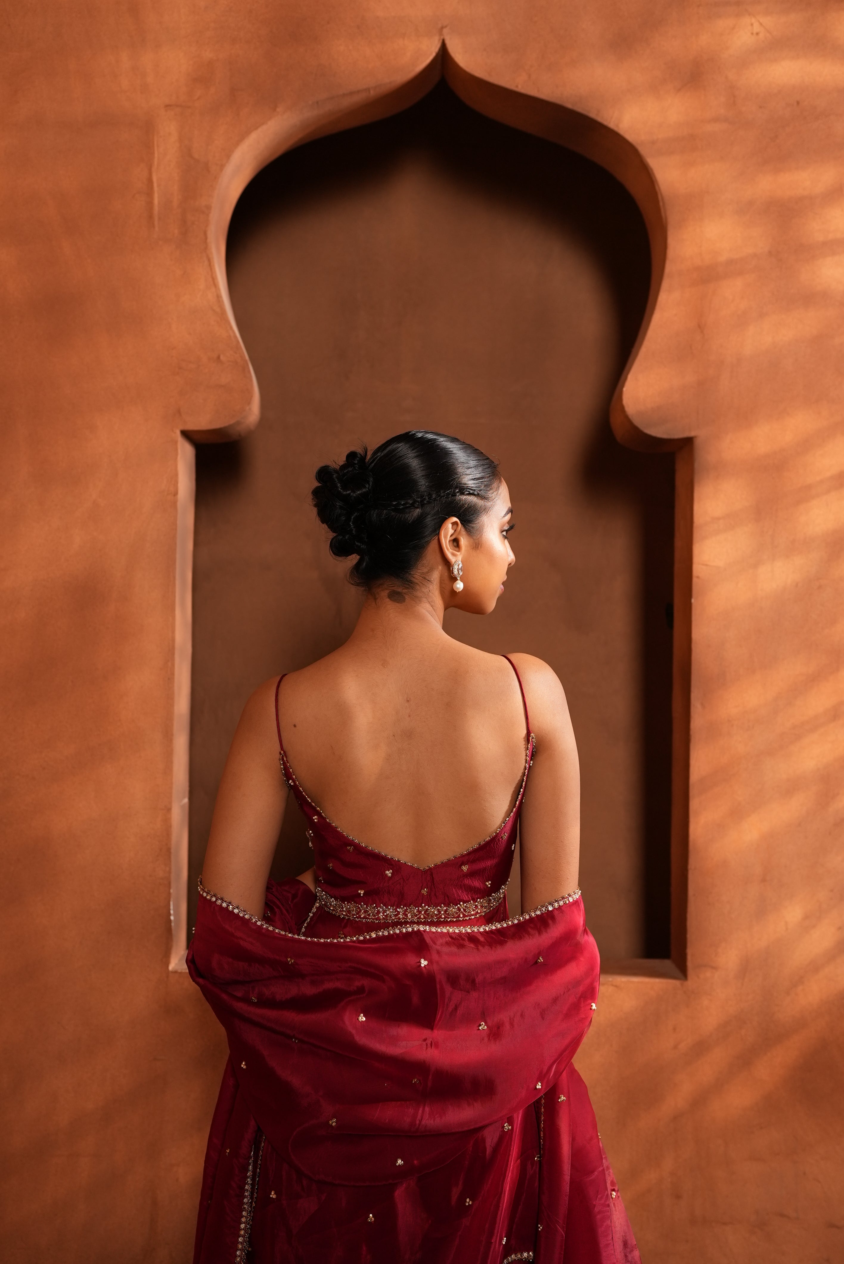 Deep Red (Strap) Top Tunic With Flair Bell Bottom Aand Duppata