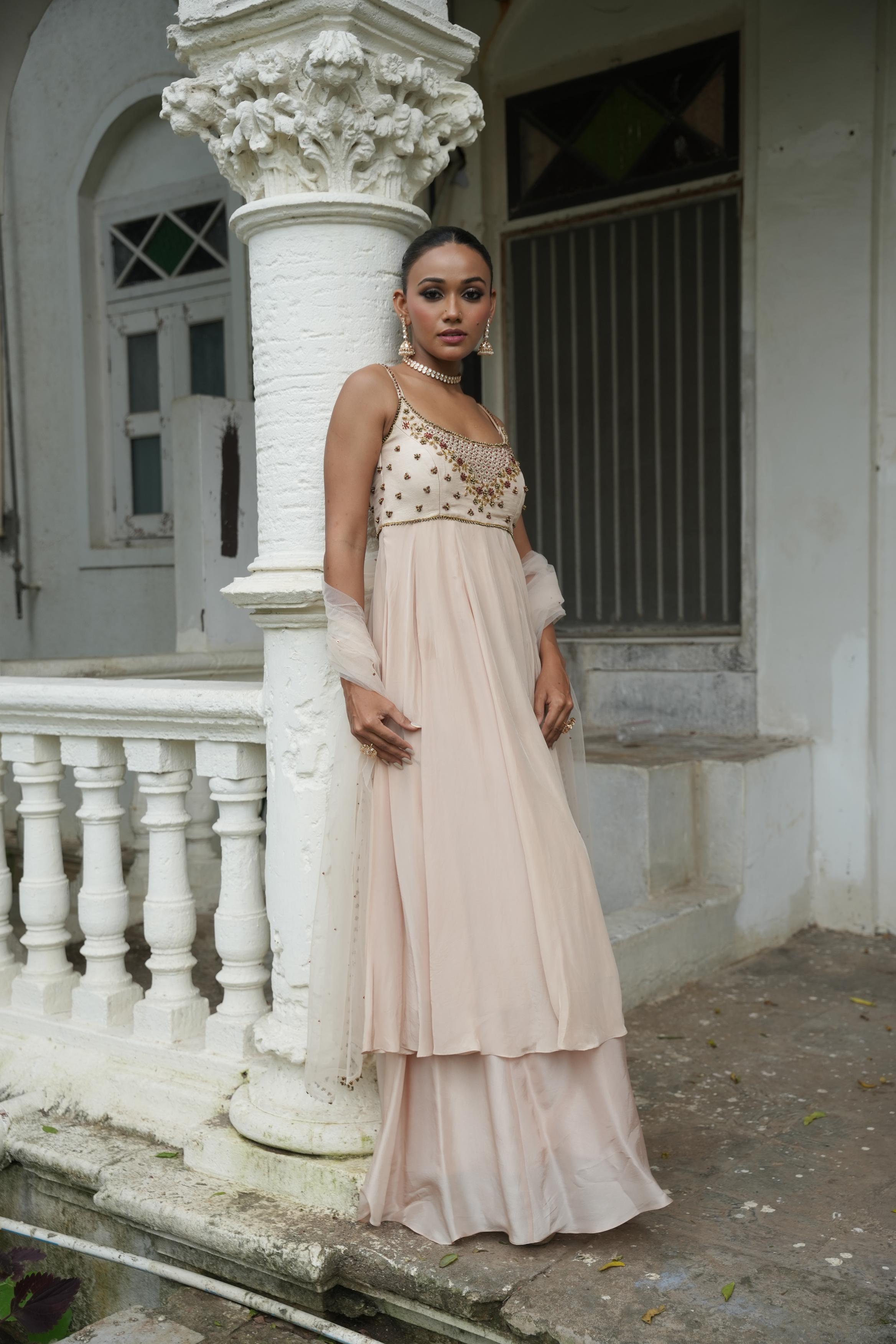 Ivory (Strap) Anarkali With Sharara Set