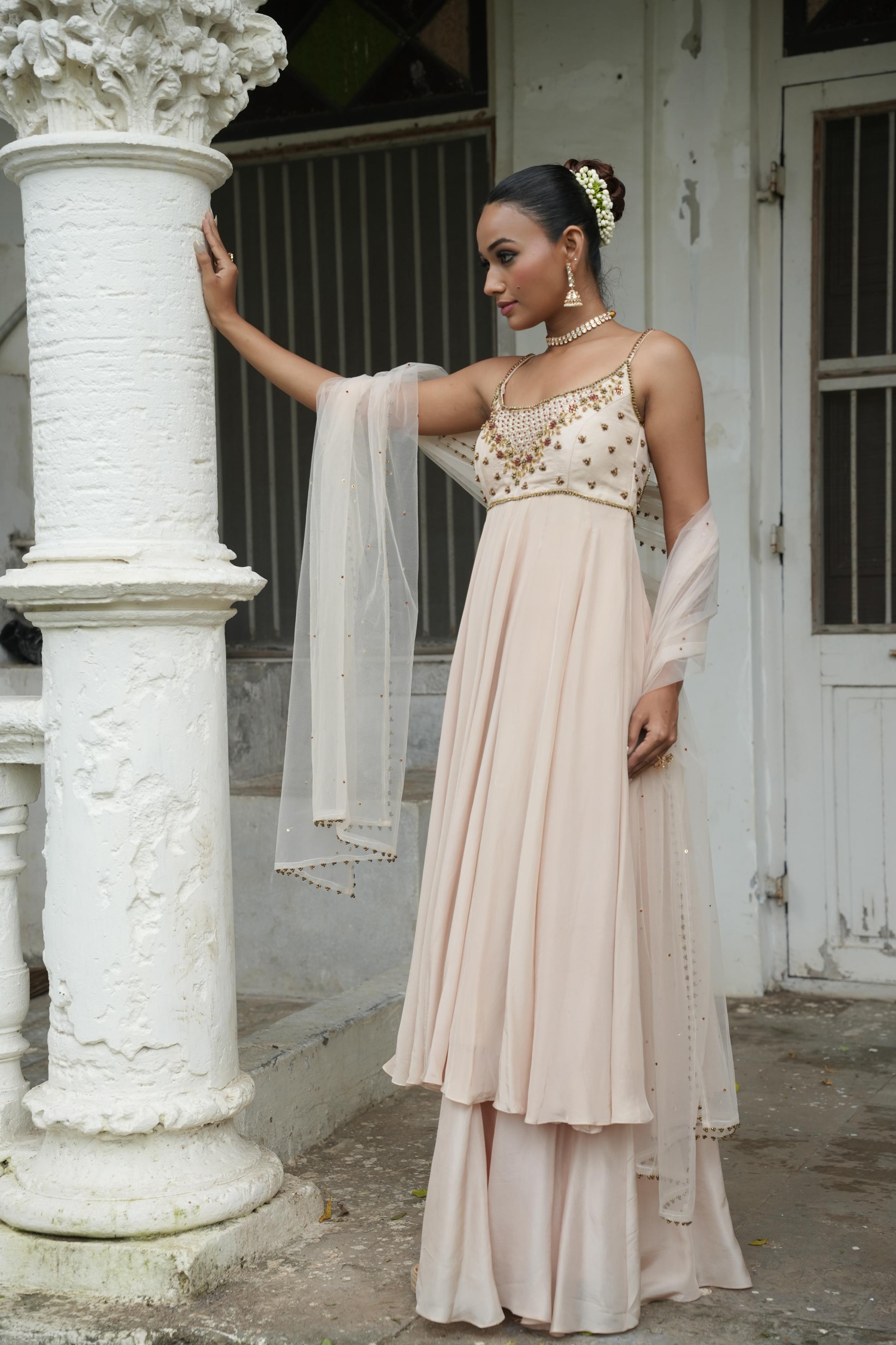 Ivory (Strap) Anarkali With Sharara Set