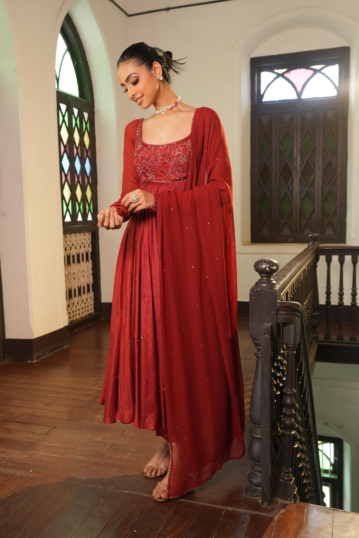 Burnt Rust (Tone On Tone Work) Anarkali With Pants