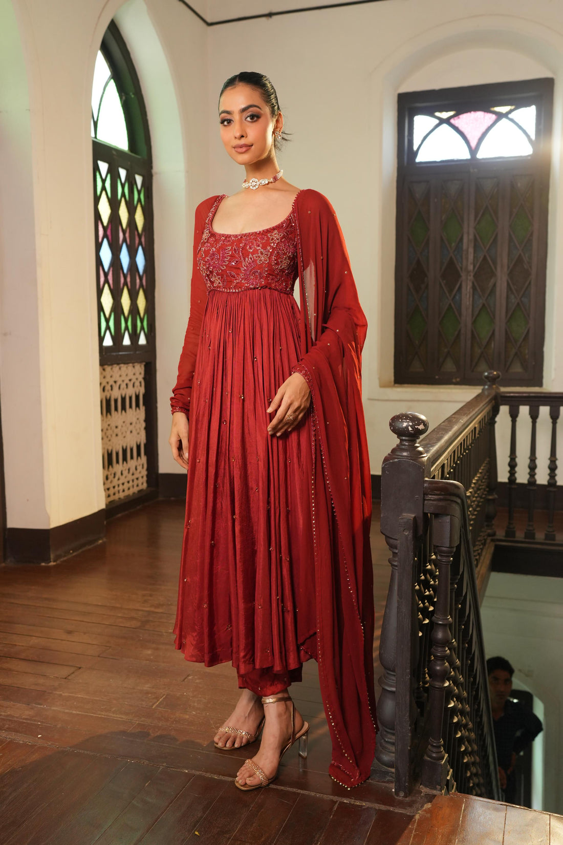 Burnt Rust (Tone On Tone Work) Anarkali With Pants