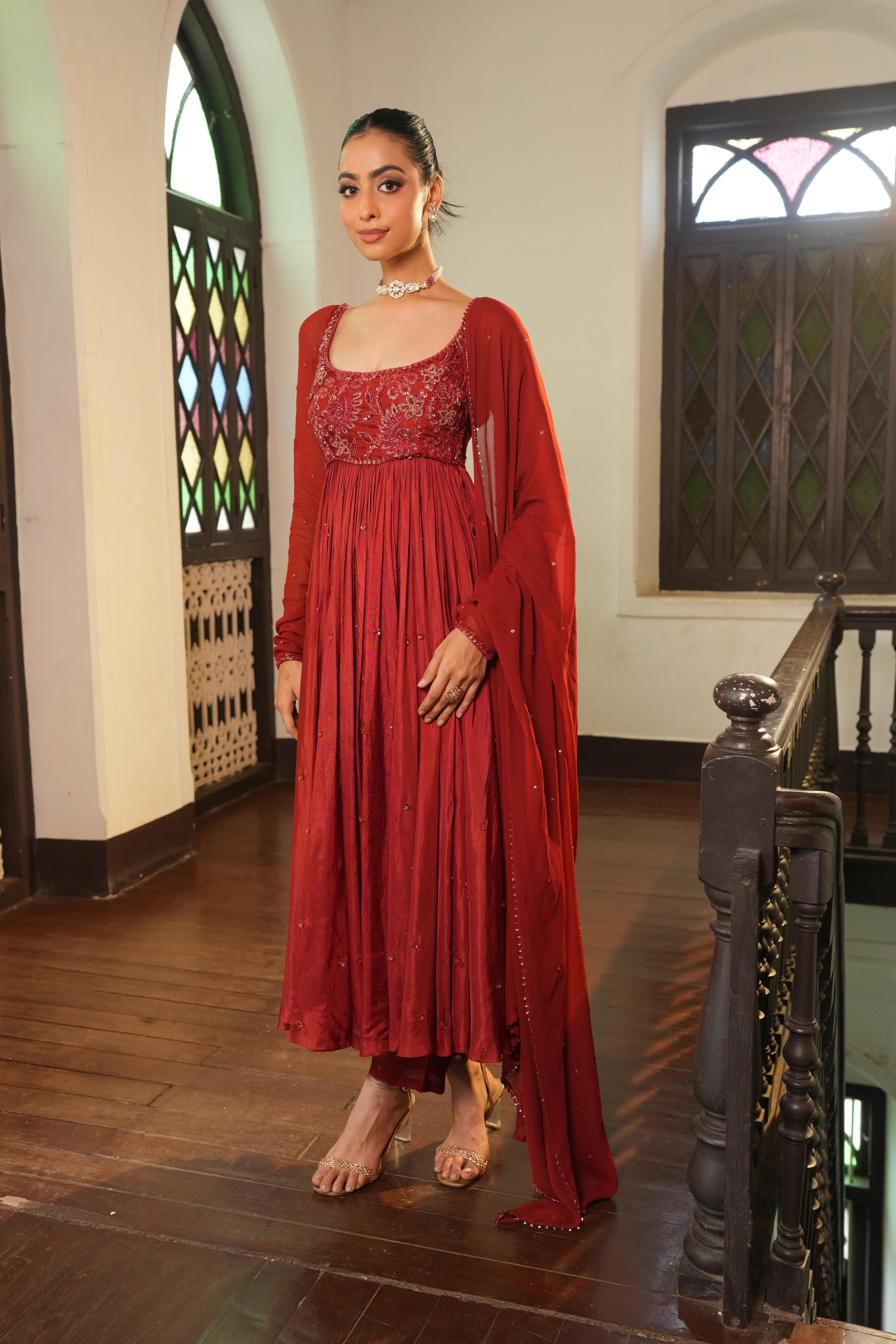 Burnt Rust (Tone On Tone Work) Anarkali With Pants