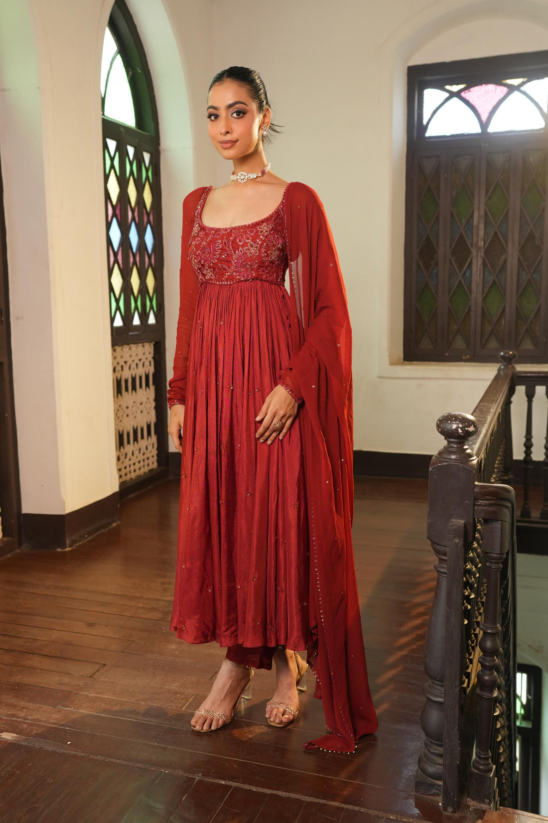 Burnt Rust (Tone On Tone Work) Anarkali With Pants