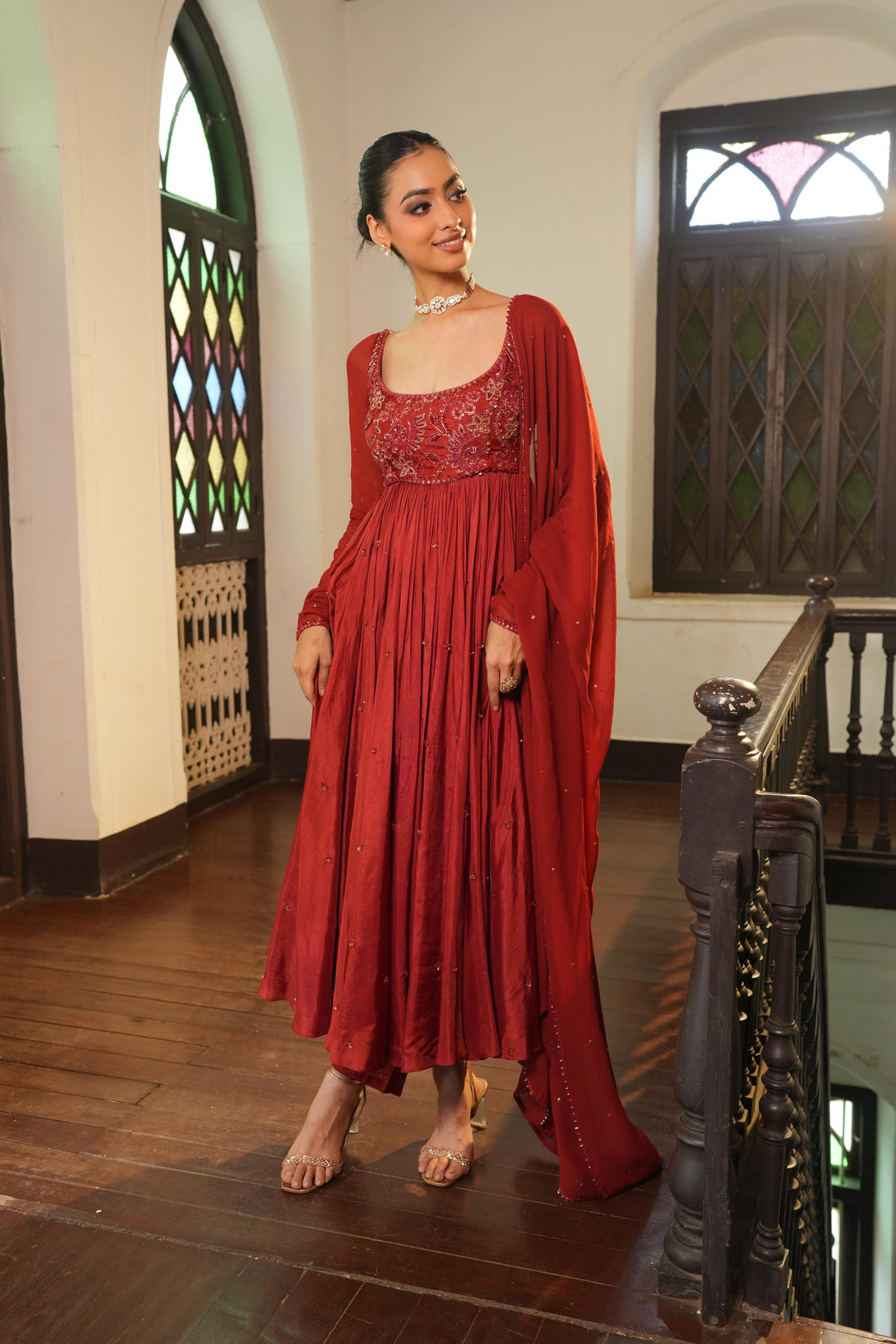 Burnt Rust (Tone On Tone Work) Anarkali With Pants