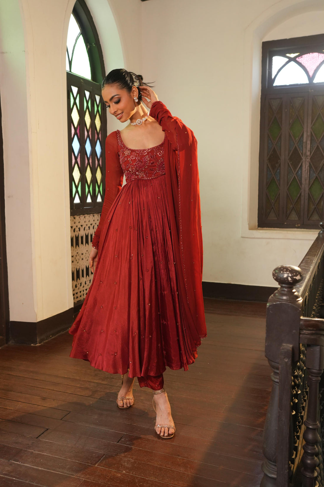 Burnt Rust (Tone On Tone Work) Anarkali With Pants