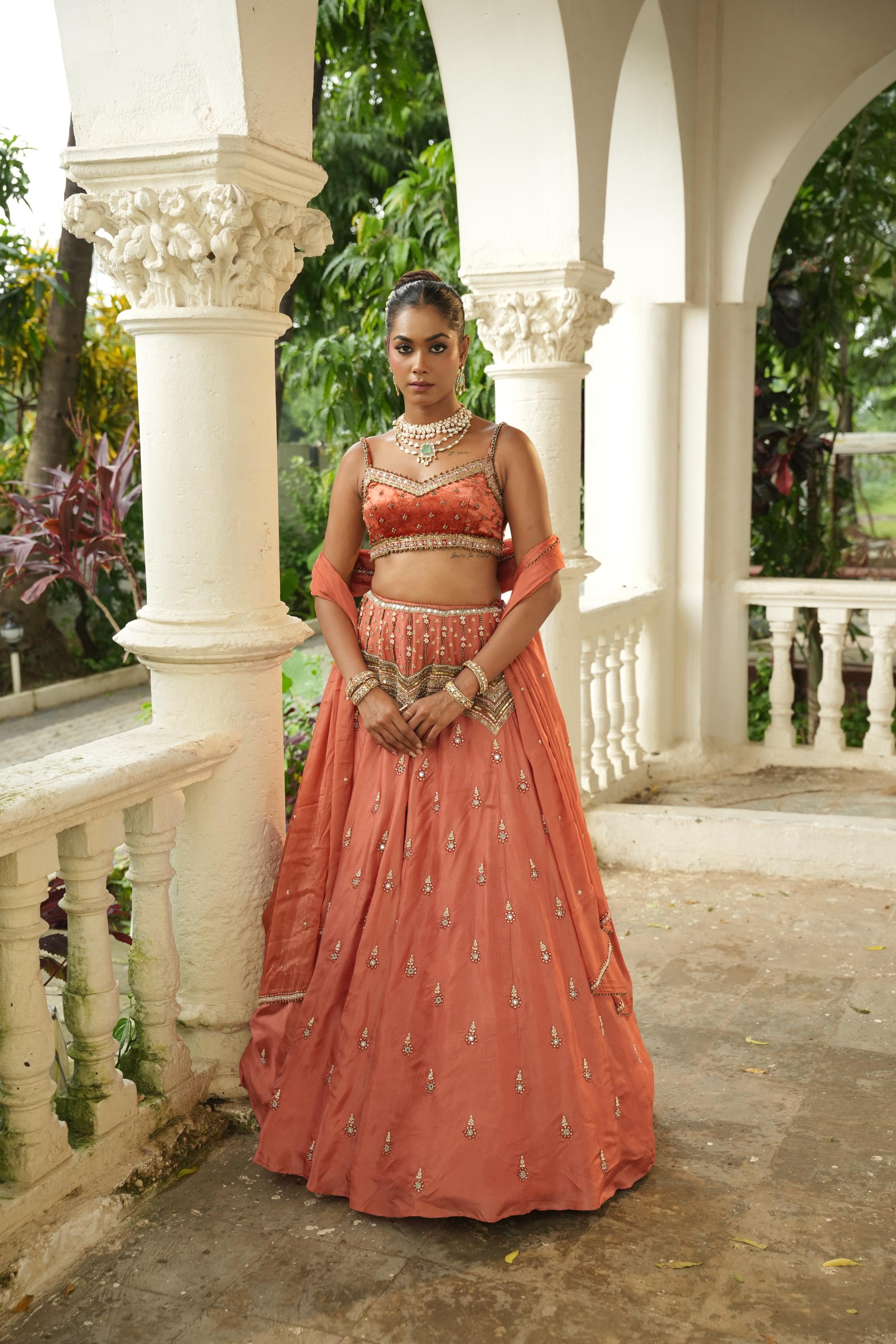 Dusky Peach (Velvet) (Maroon Resham Details) Lehenga