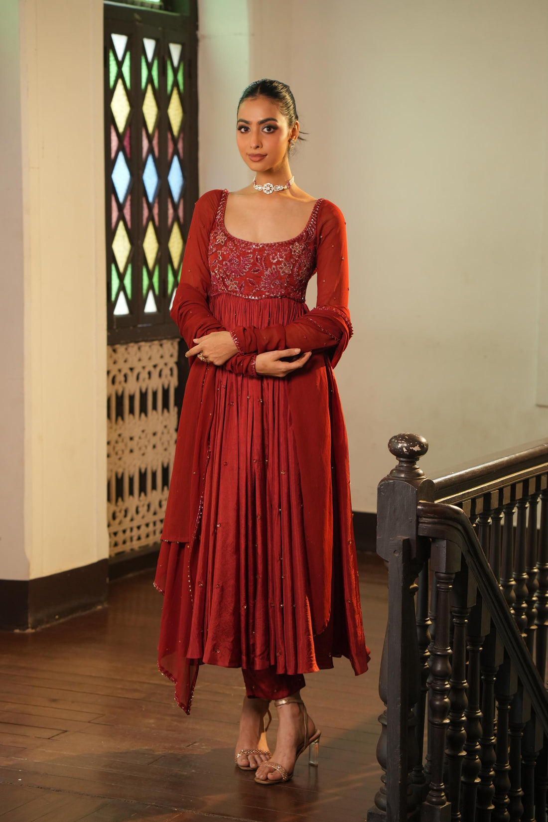 Burnt Rust (Tone On Tone Work) Anarkali With Pants