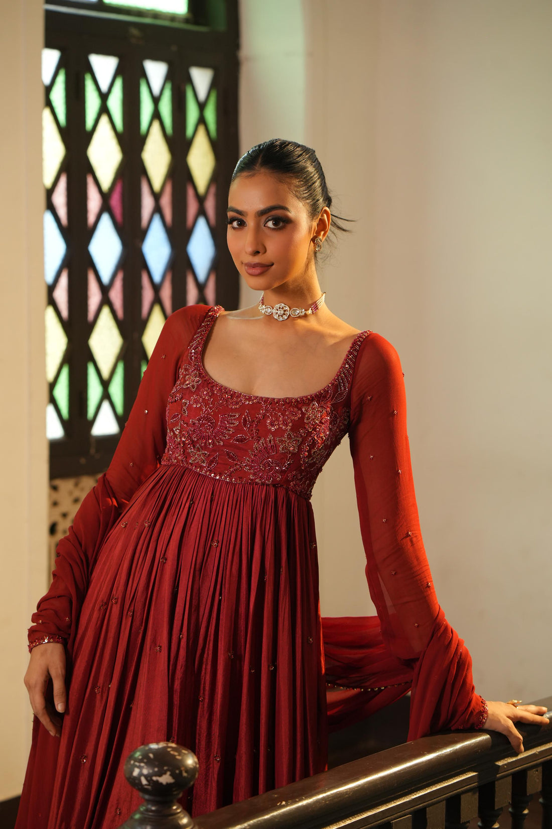 Burnt Rust (Tone On Tone Work) Anarkali With Pants