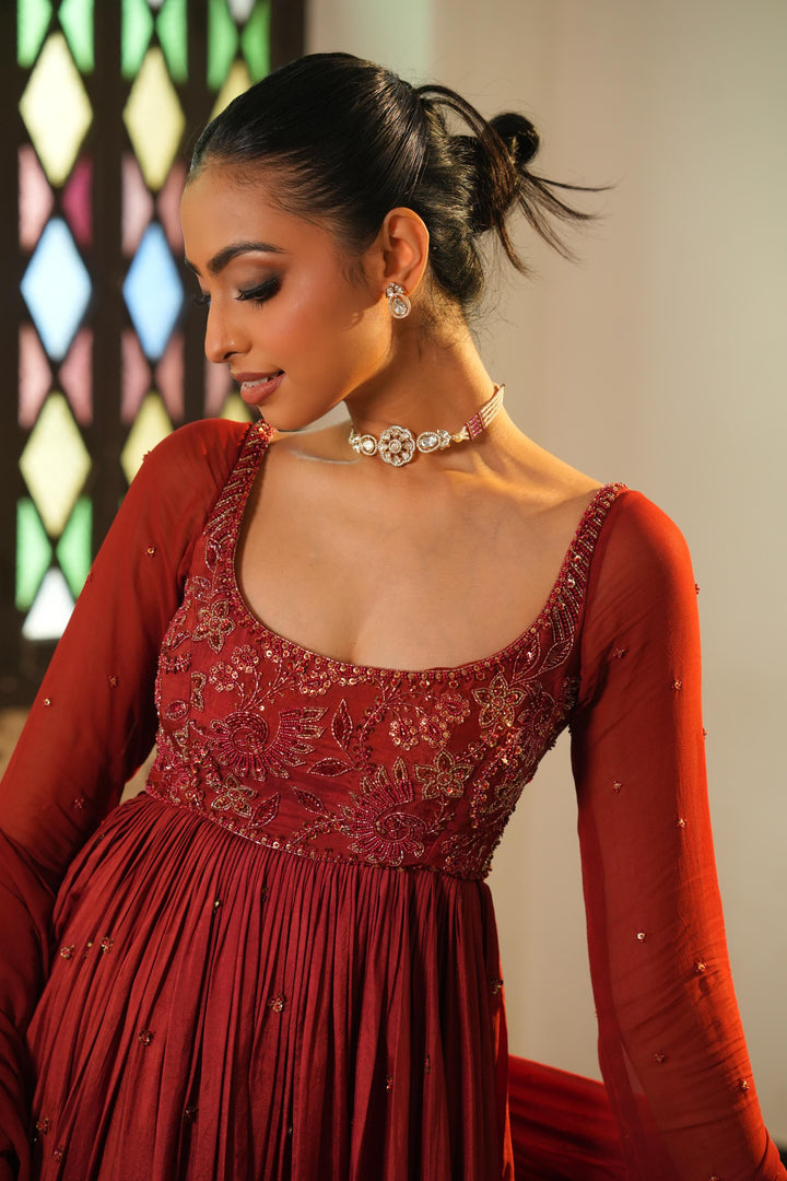 Burnt Rust (Tone On Tone Work) Anarkali With Pants
