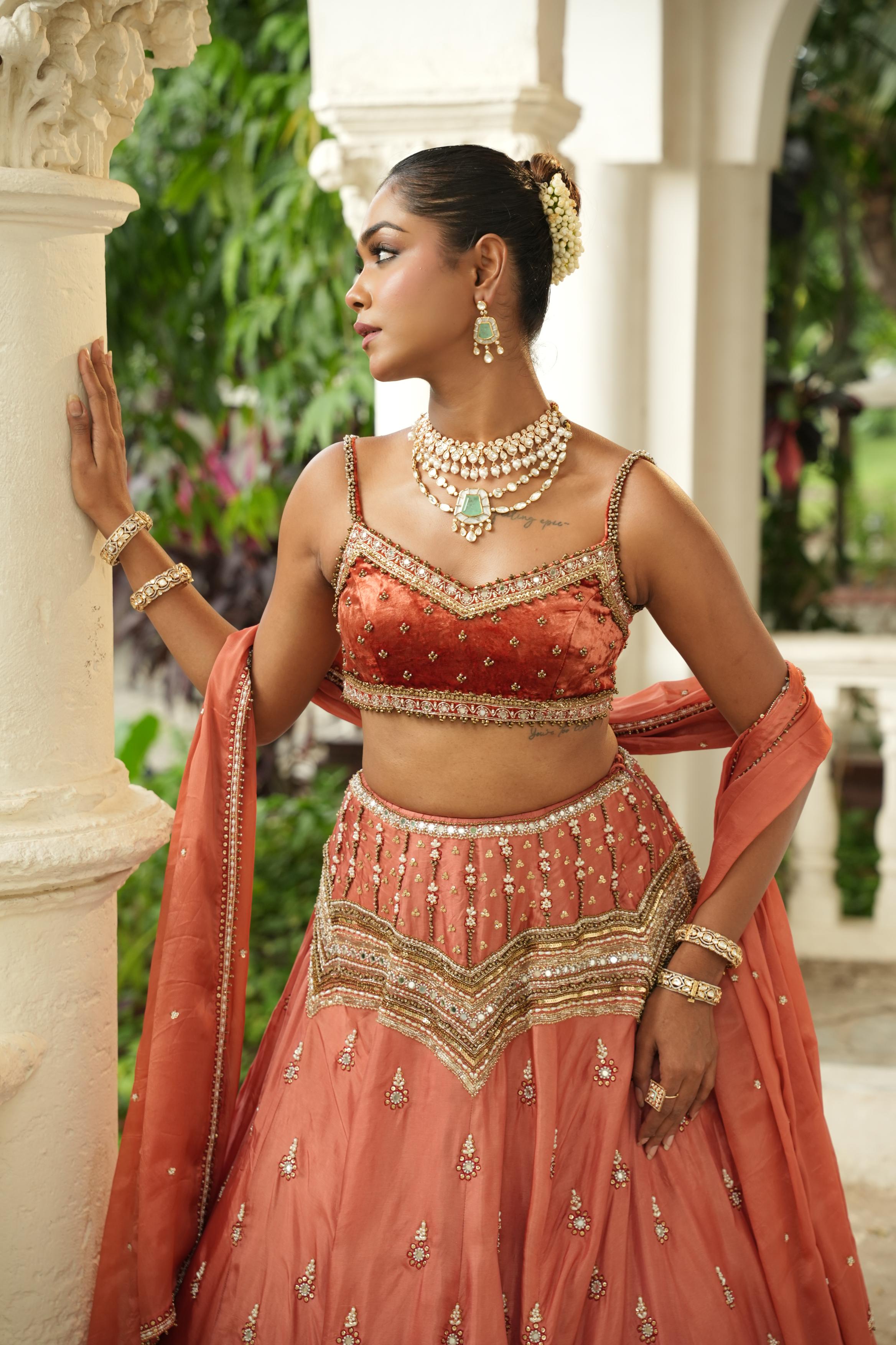 Dusky Peach (Velvet) (Maroon Resham Details) Lehenga
