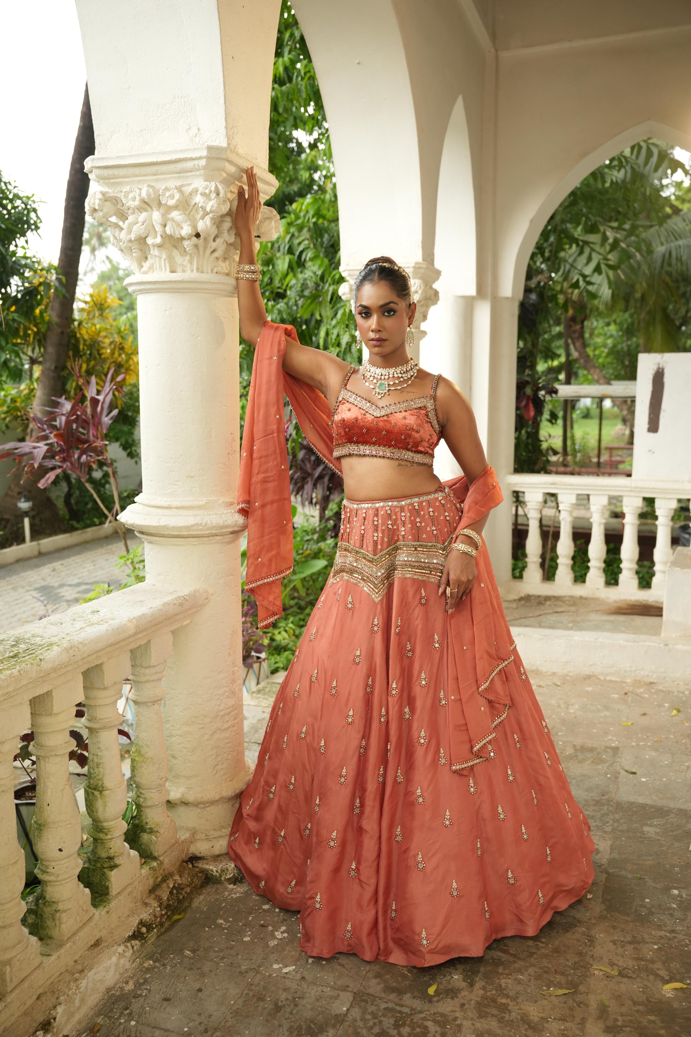 Dusky Peach (Velvet) (Maroon Resham Details) Lehenga