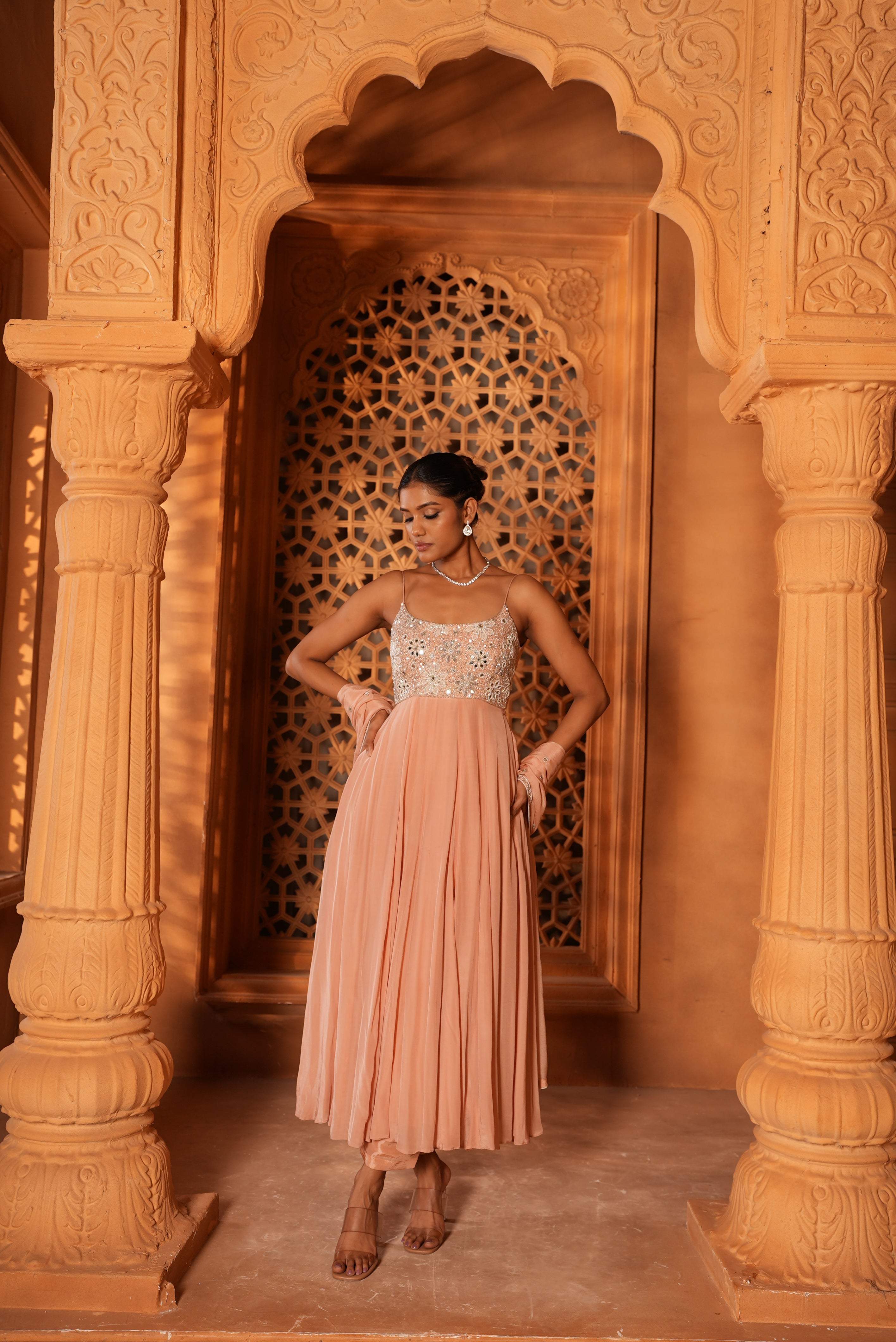 Blush Pink (Strap) Anarkali Dress With Pants