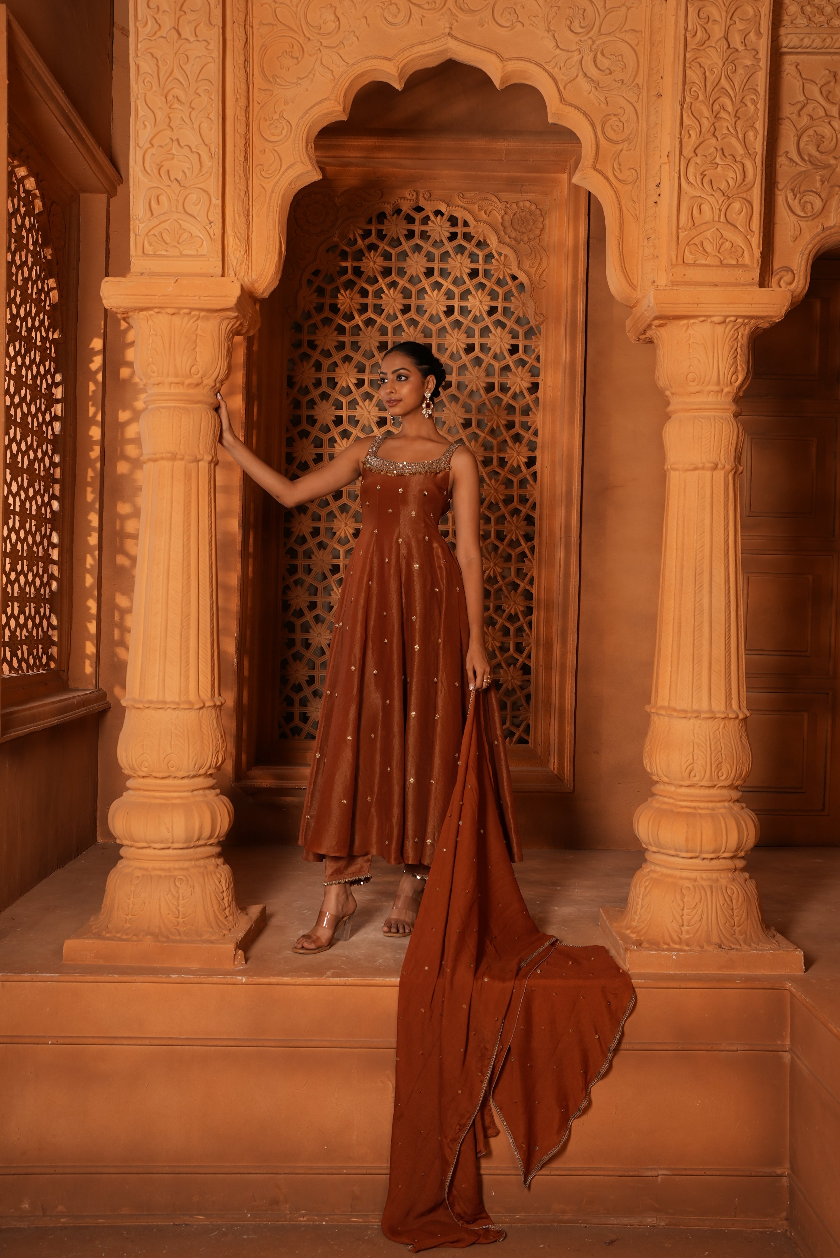 Mitti Brown Zari Dress With Pants