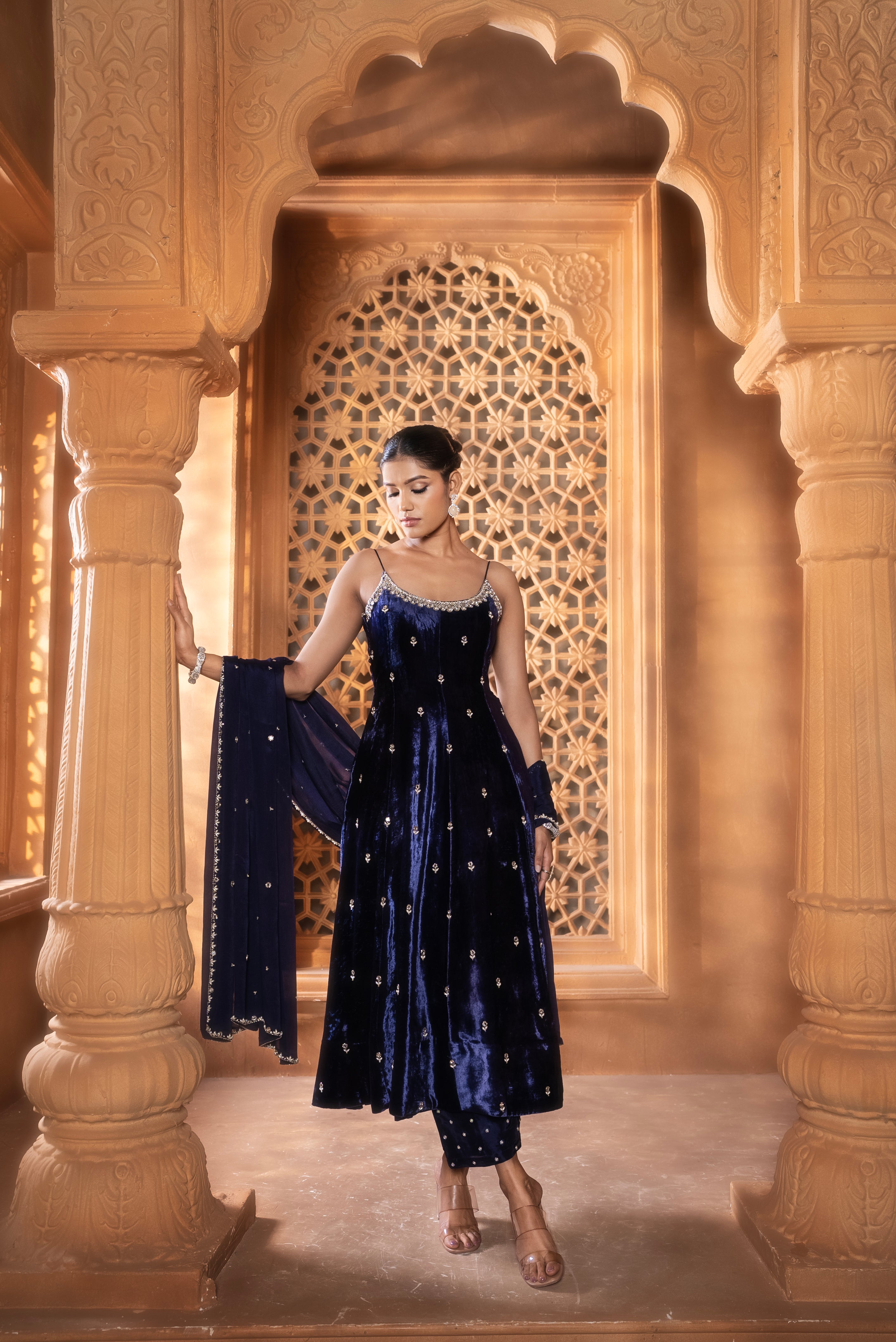 Purpulish Blue (Velvet) (Strap) Dress With Pants