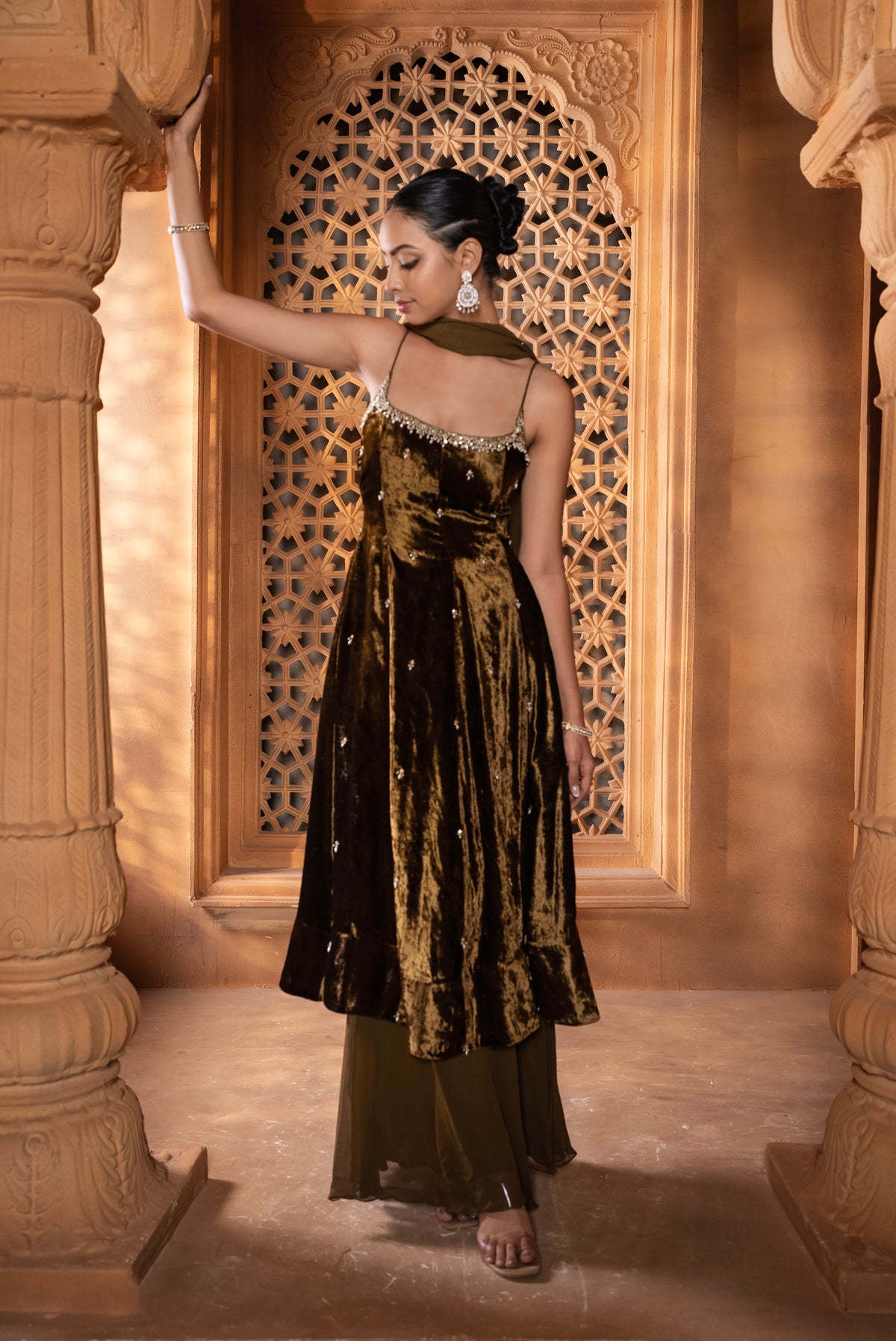 Mehendi Gold (Velvet) (Strap) Dress With Flair Bell Bottom Enamour by Radhha Mehendi Gold (Velvet) (Strap) Dress With Flair Bell Bottom Enamour by Radhha