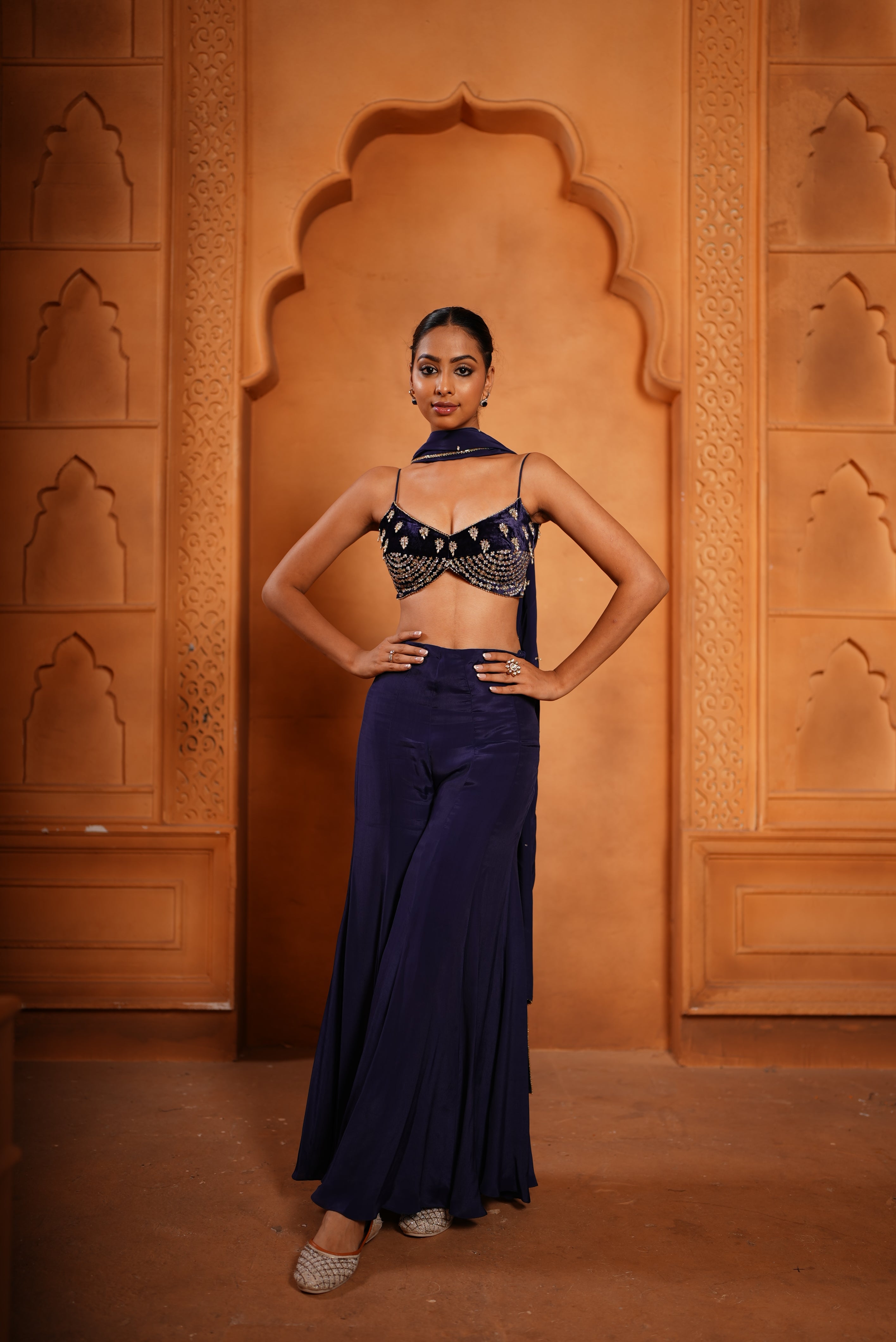Purpulish Blue Indo-Western sharara (Velvet Bustier/ Bell Bottom/ Duppata)
