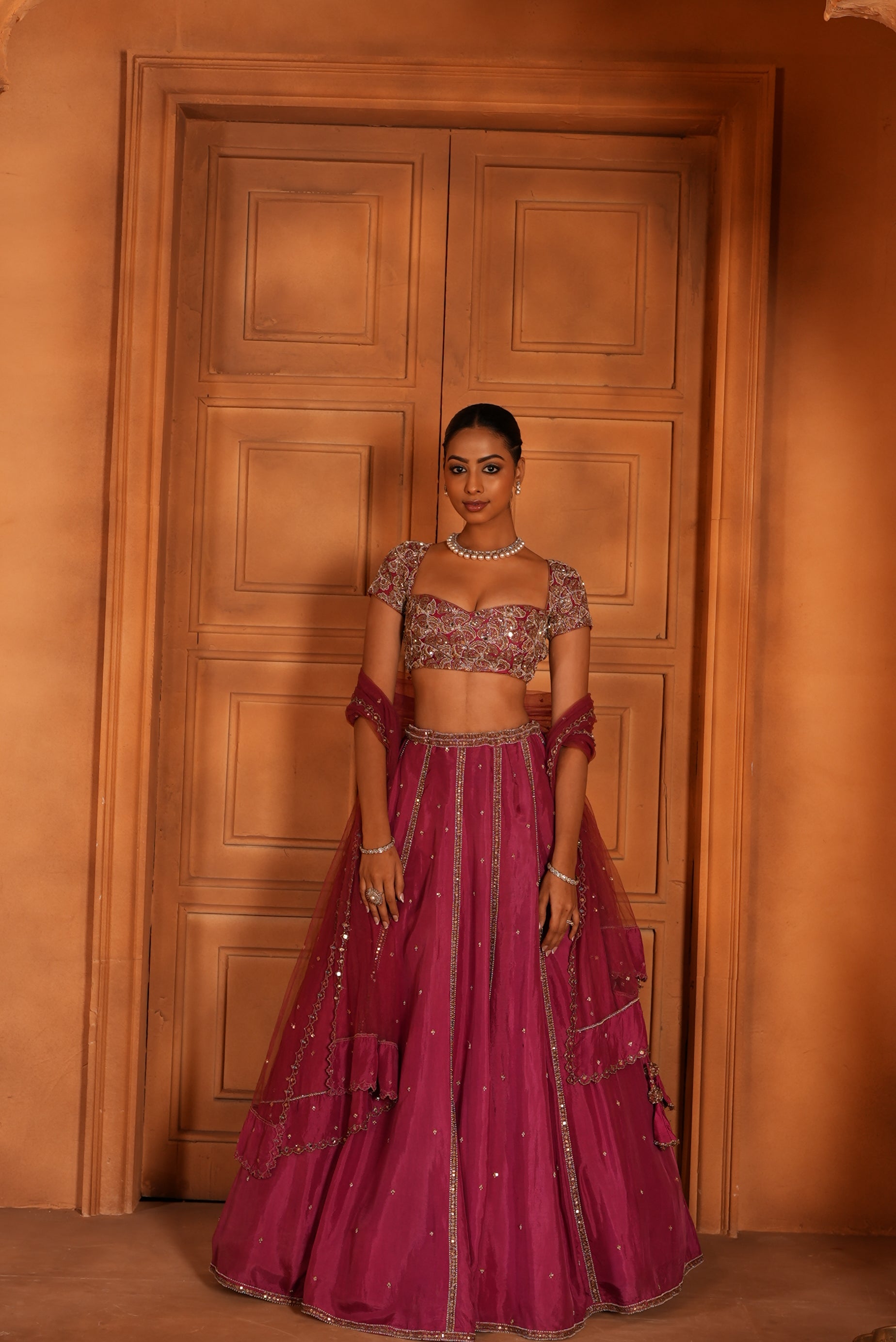 Rose Pink (Organza Blouse - cape Sleeves)Lehenga
