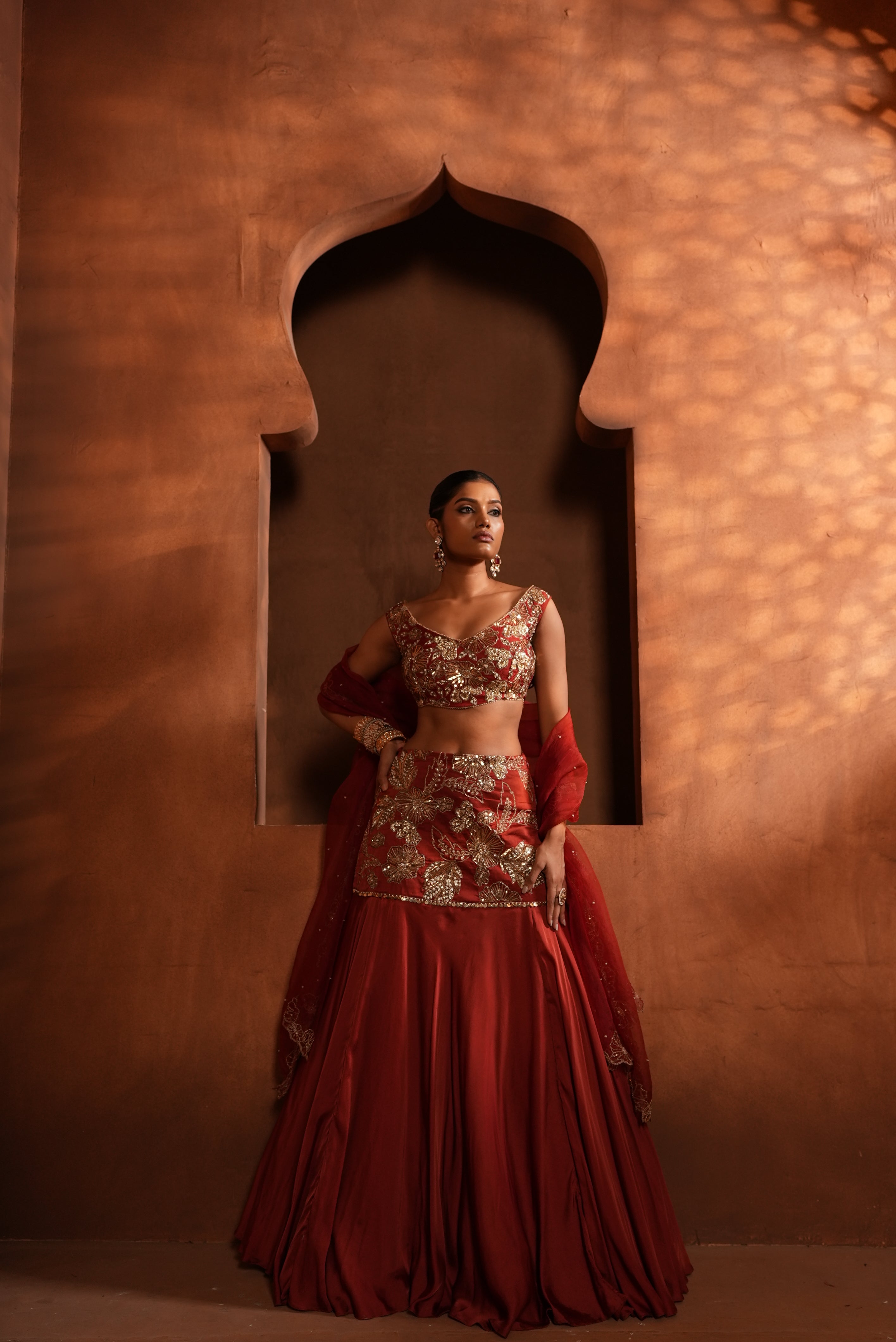 Brunt Orange (Fish-Cut) Lehenga
