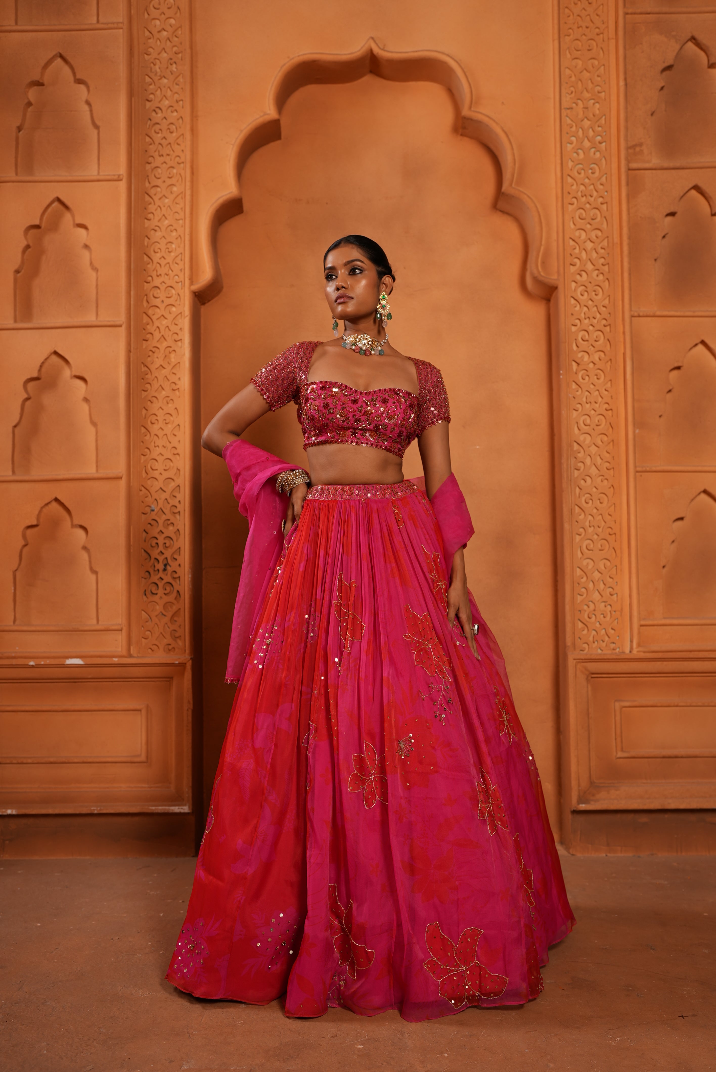 Bright Pink - Red (Printed) Organza Lehenga