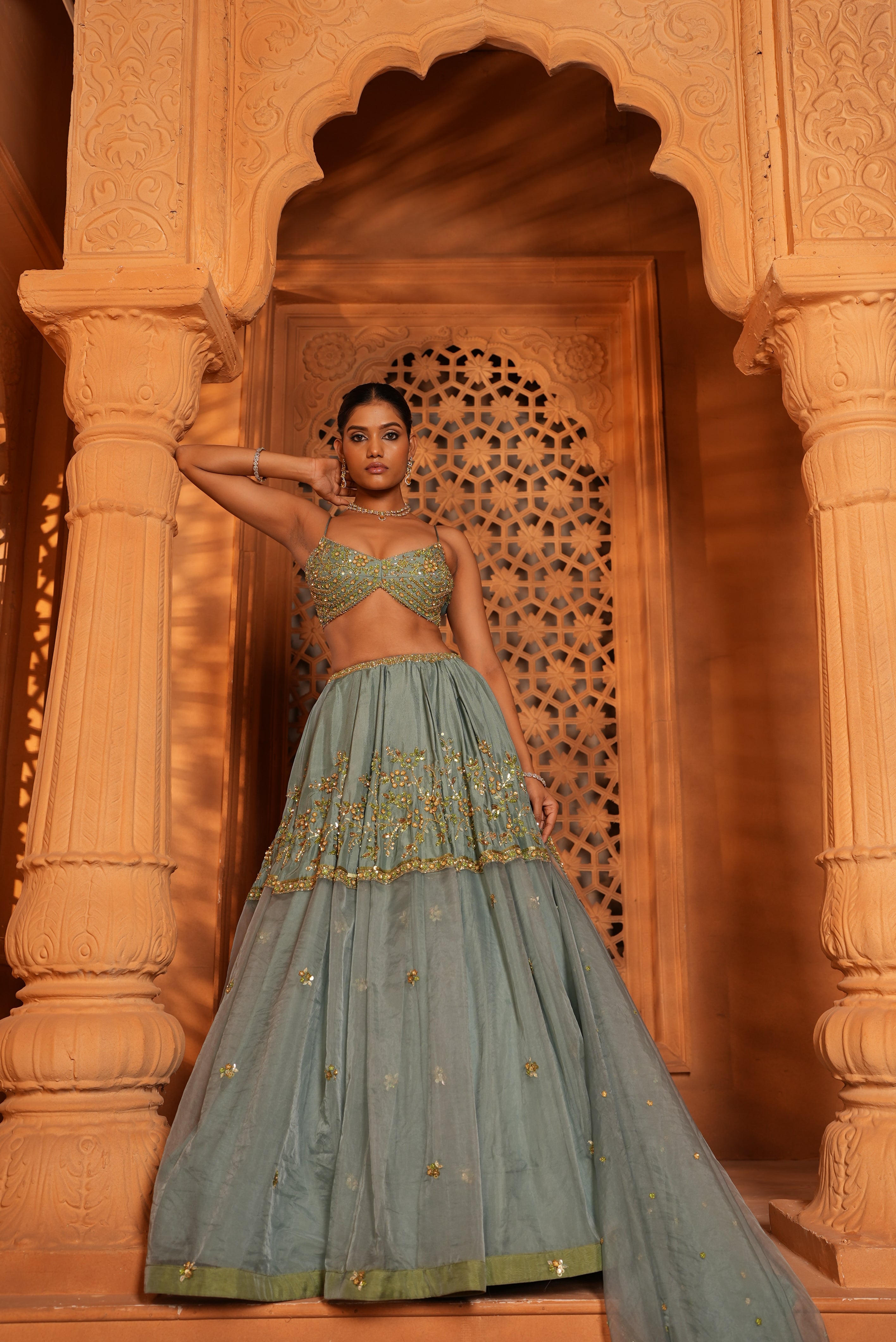 Ocean Blue (Half Organza - Half Silk Flair) Lehenga