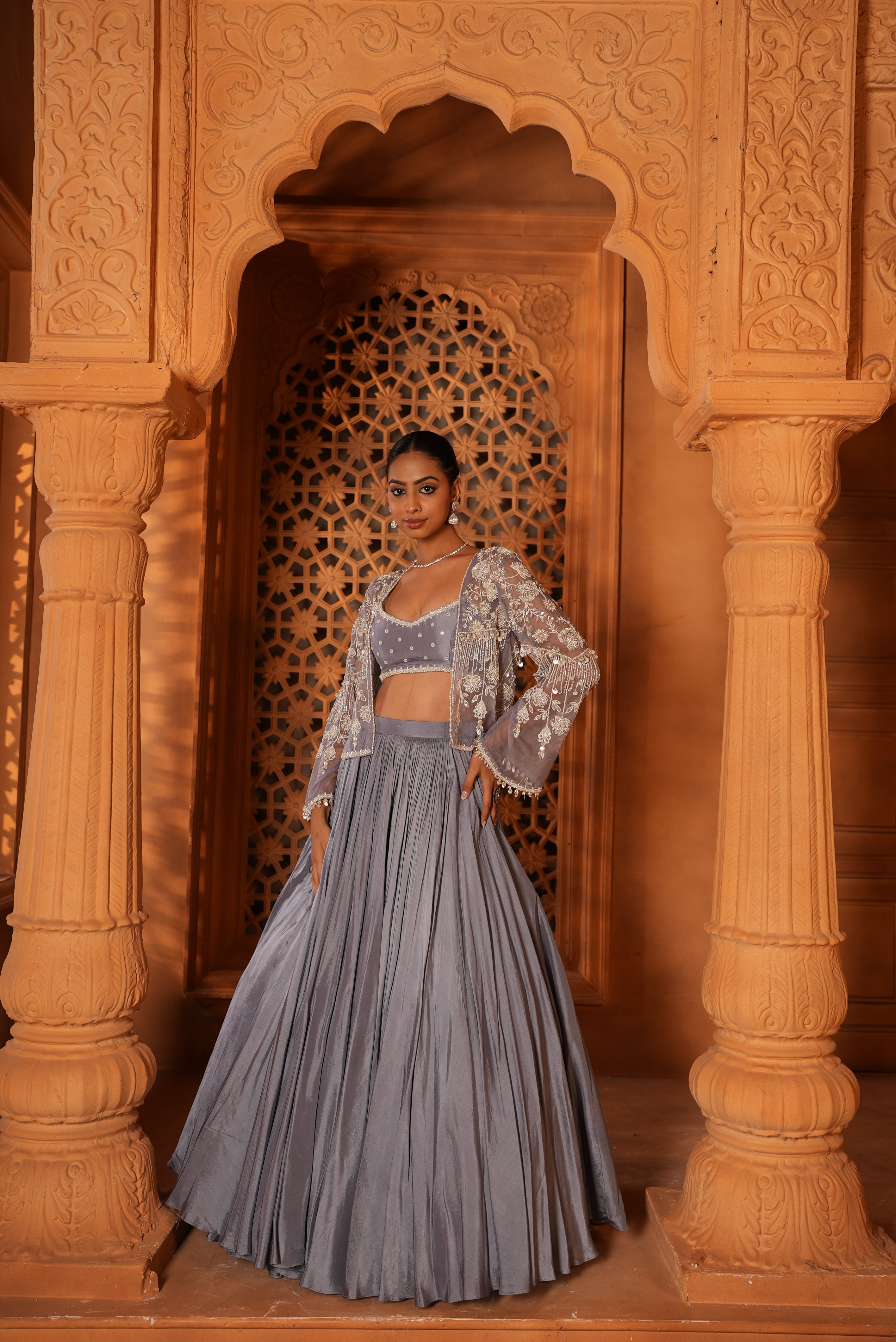 Powder Blue Lehenga With Short Heavy Jacket