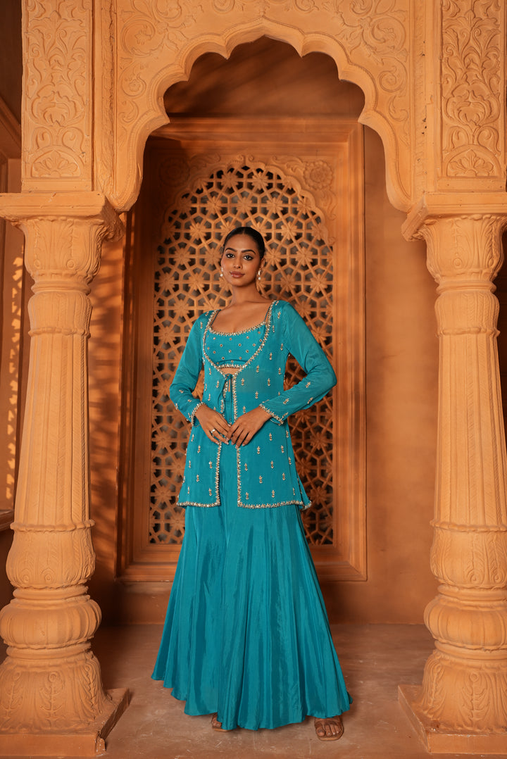 Bright Sky Blue Sharara Set With Jacket