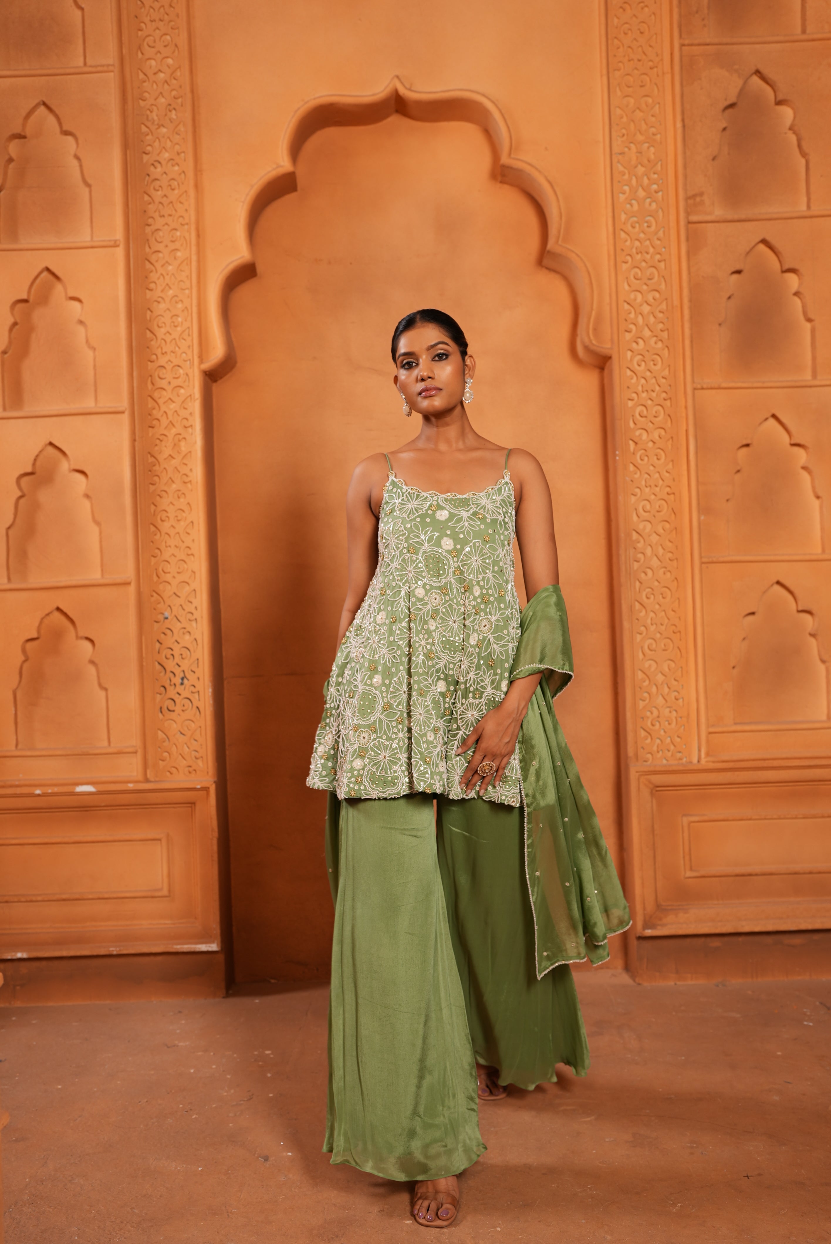Sea Green (Strap) Top & Bell-Bottom With Dupatta
