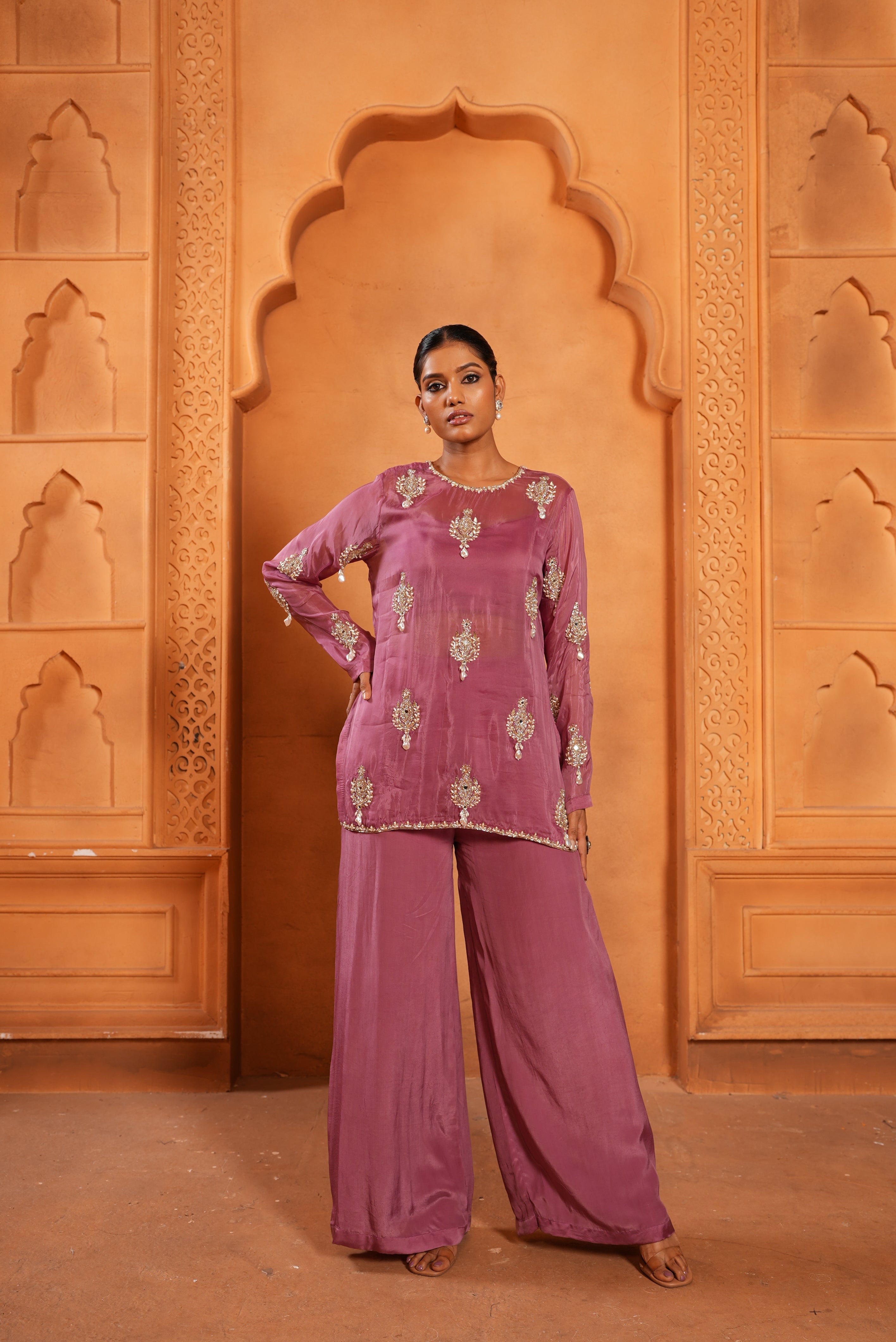 Mulberry Pink (Organza Top/ Bustier/ Bell Bottom) Tunic