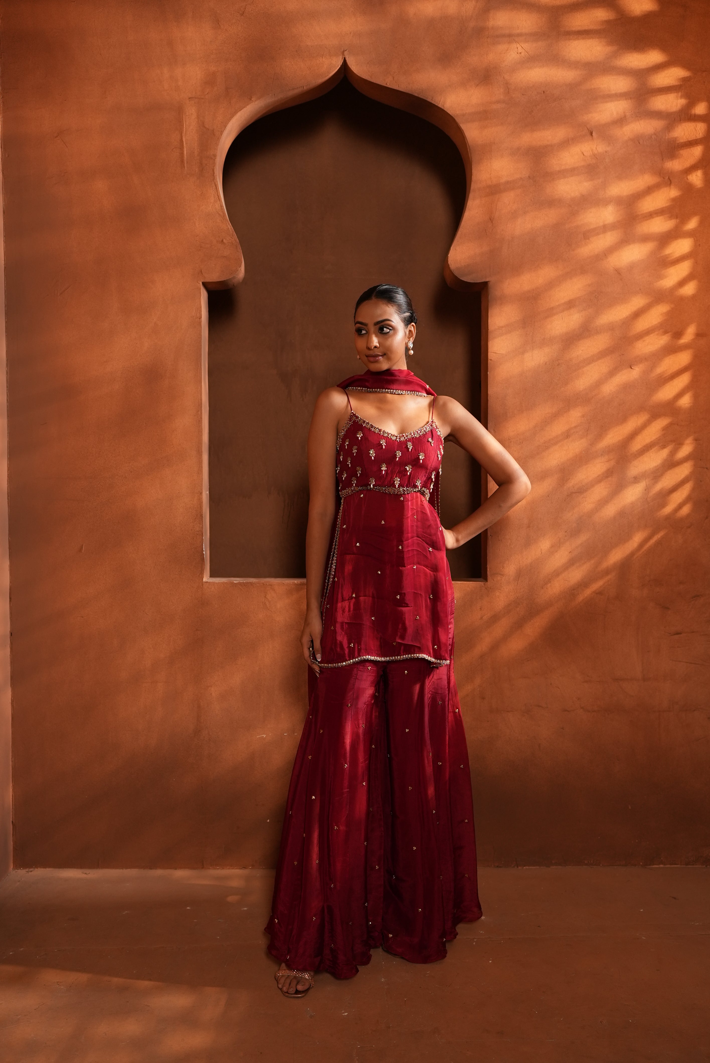 Deep Red (Strap) Top Tunic With Flair Bell Bottom Aand Duppata